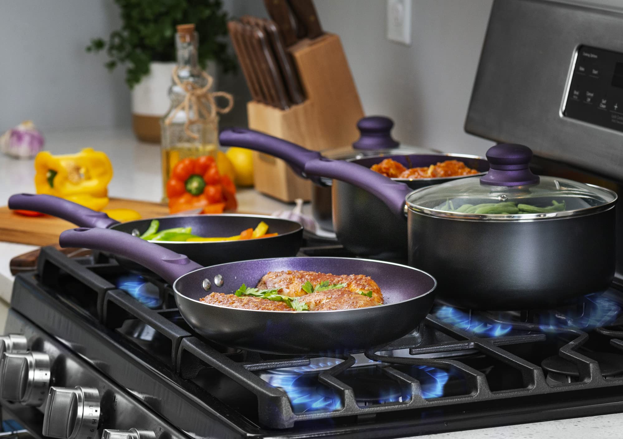 11-Piece Nonstick Cookware Set - Aluminum Pots and Pans with Lids, Frying Pans, Saucepan & Kitchen Utensils (Purple) | Perfect for Home Cooking, Meal Prep & Family Dinners