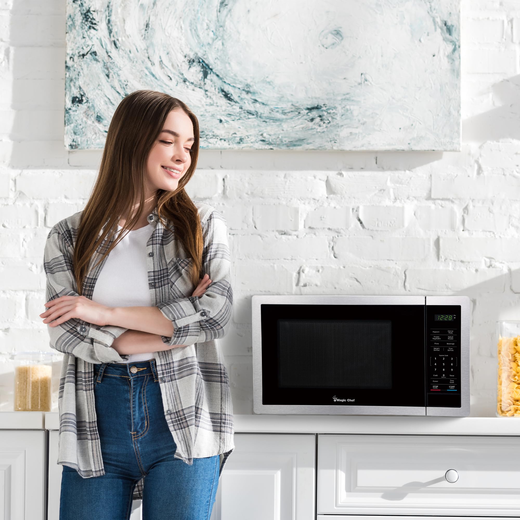 Magic Chef 0.9 Cu Ft Countertop Microwave Oven - 900W Compact Stainless Steel Small Microwave for Dorm, Office & Kitchen - Perfect for Quick Meals & Reheating Food