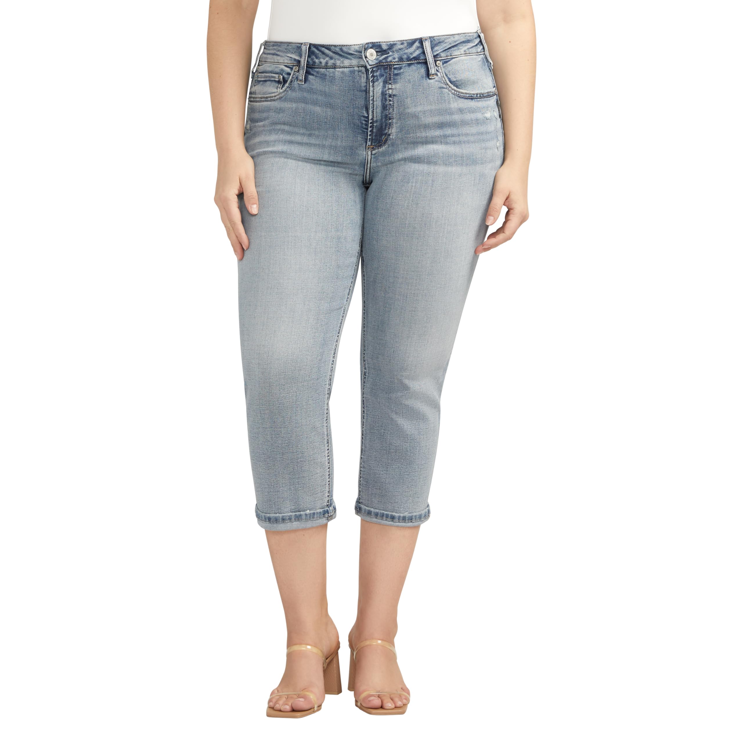 Silver Jeans Co. Women's Plus Size Suki Mid Rise Curvy Fit Capri Jeans - Comfortable Stretch Denim Pants for Casual Wear & Everyday Outfits