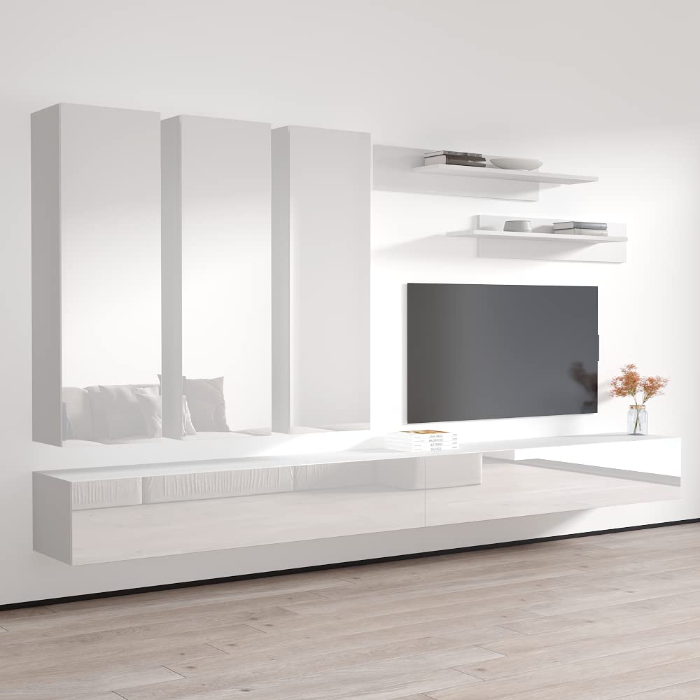 Modern White Wall-Mounted TV Stand with Storage Shelves & LED Lights - E1 30TV Floating Entertainment Center for Bedroom & Living Room - Perfect for Small Spaces & Home Theater Setup