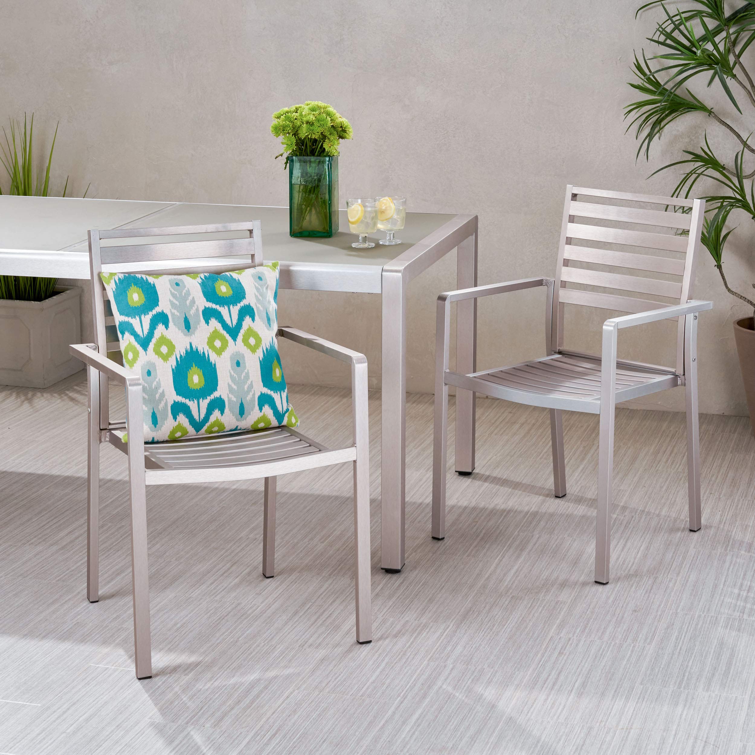 Modern Aluminum Outdoor Dining Chairs (Set of 2) - Silver Patio Furniture for Garden, Poolside & Backyard - Weather-Resistant & Lightweight