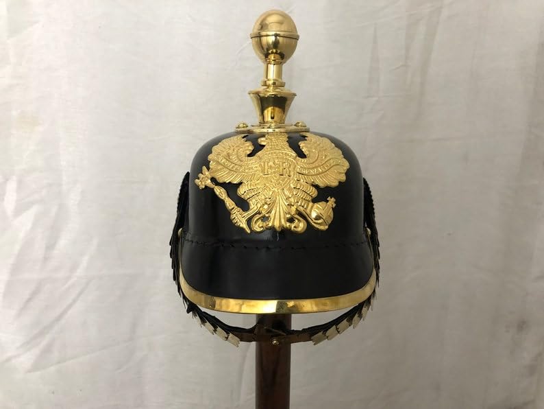 Authentic Black German Pickelhaube Helmet with Brass Badge - Prussian Military Helmet for LARP, Reenactment & Cosplay | Perfect Historical Costume Accessory & Unique Gift for Men | Great for Theater Performances, Halloween & WWI Events