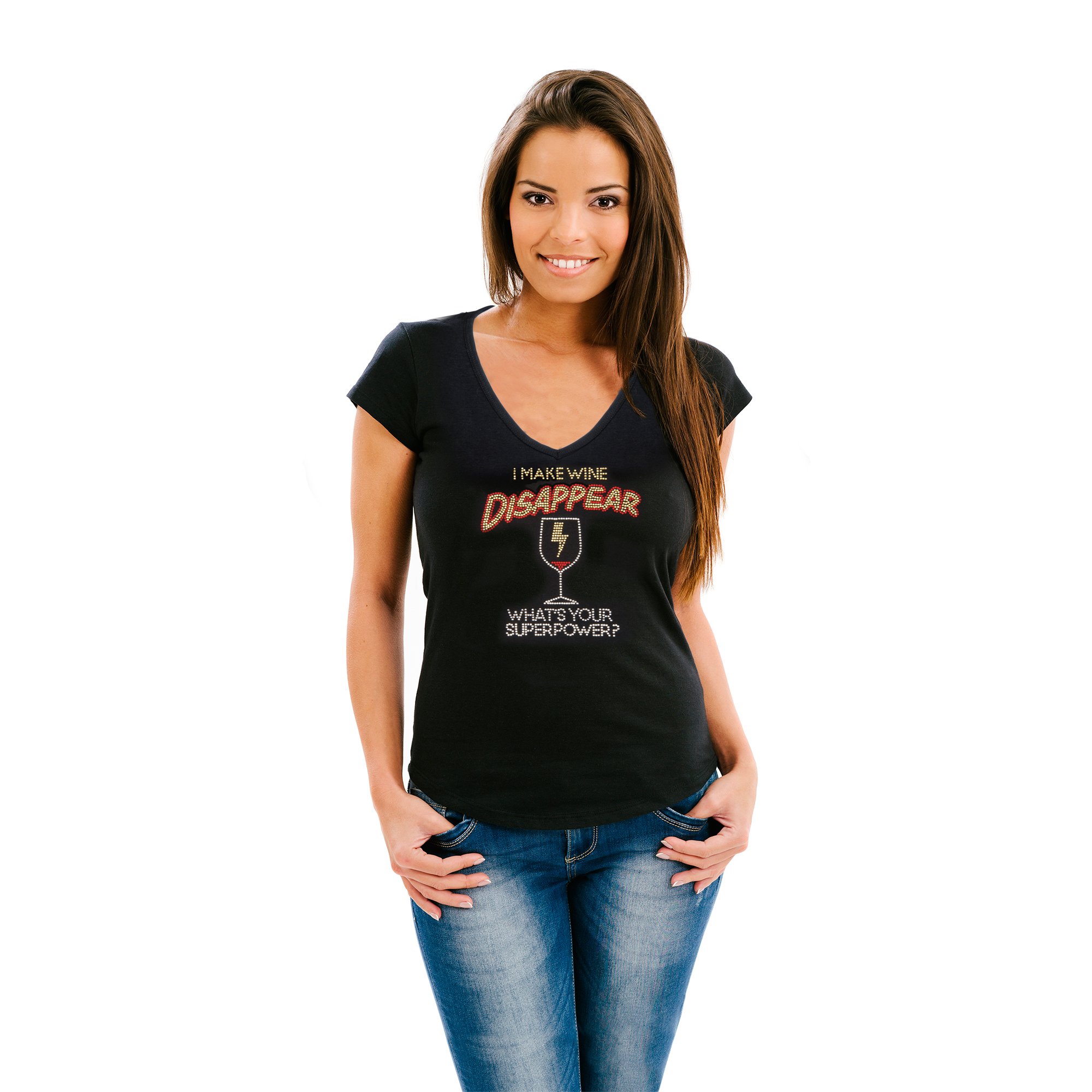 Chris's Stuff Women's V-Neck Rhinestone Cotton T-Shirt - Short Sleeve Casual Tee - Black | Perfect for Everyday Wear, Parties & Date Nights