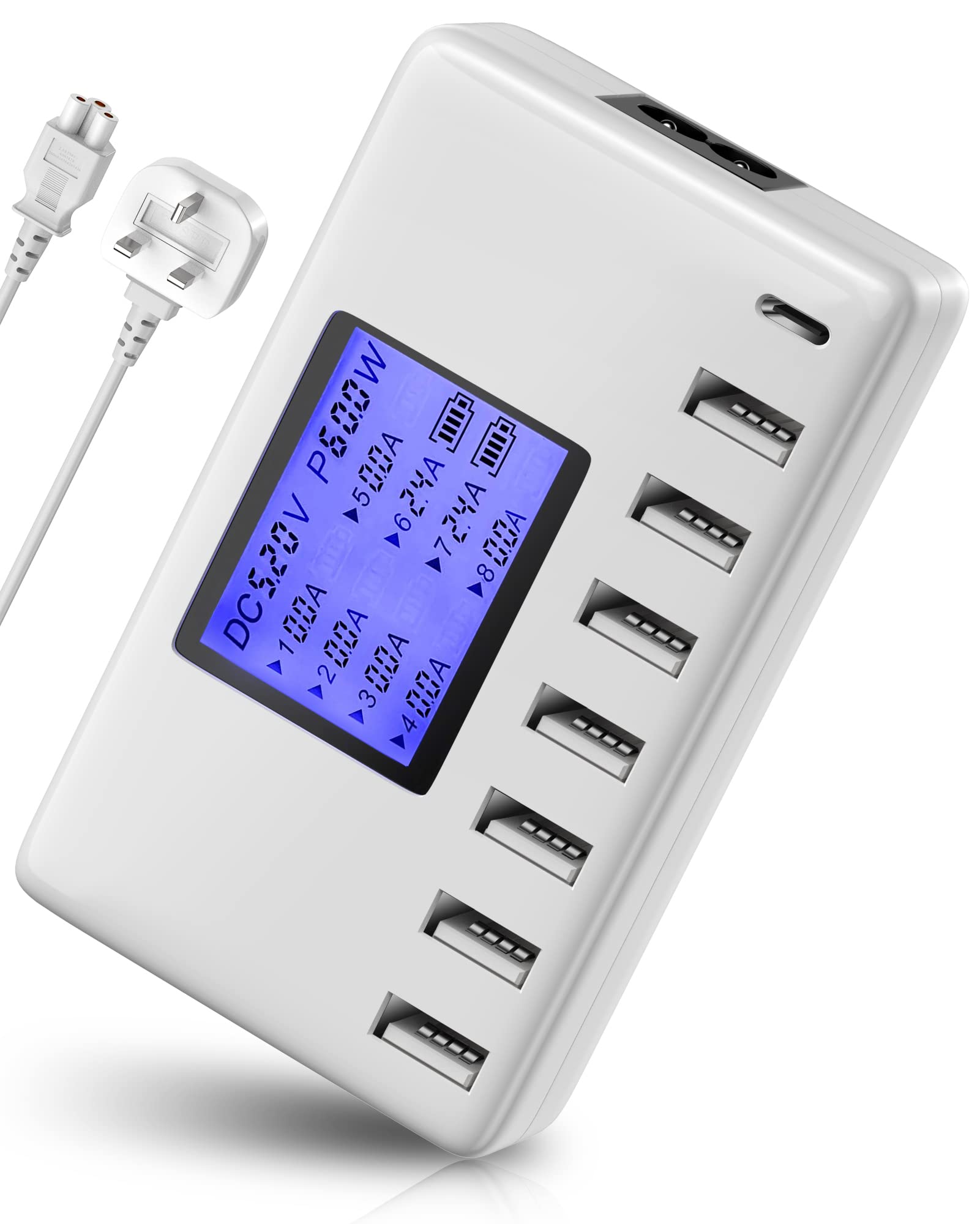 60W 8-Port USB C Charging Station with LCD Display - Fast Multi Device Charger Hub for iPhone 15/14/13, iPad, Samsung Galaxy, Android Phones - Perfect for Home, Office & Travel (White)