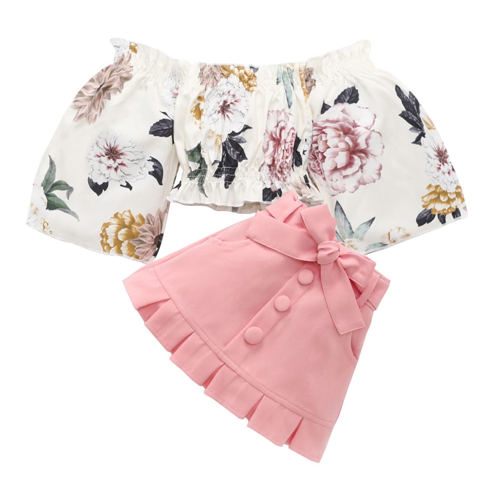 Toddler Girls Summer Short Sleeve Off Shoulder Floral Ruffle T-Shirt with Bow - Cute Baby Girl Tops for Playdates & Outdoor Activities