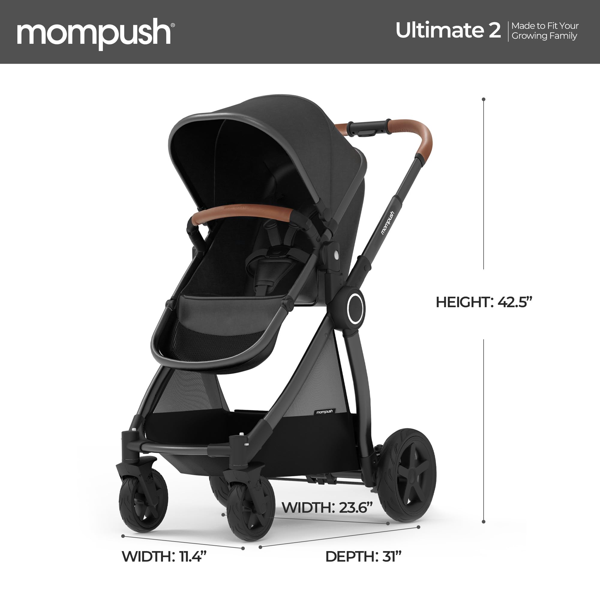 Mompush Ultimate2 Baby Stroller - Premium Convertible Full-Size Bassinet Stroller for Newborn & Toddler with Reversible Seat, One-Hand Recline Pushchair Pram & Car Seat Adapter - Perfect for City Walks, Shopping & Family Outings