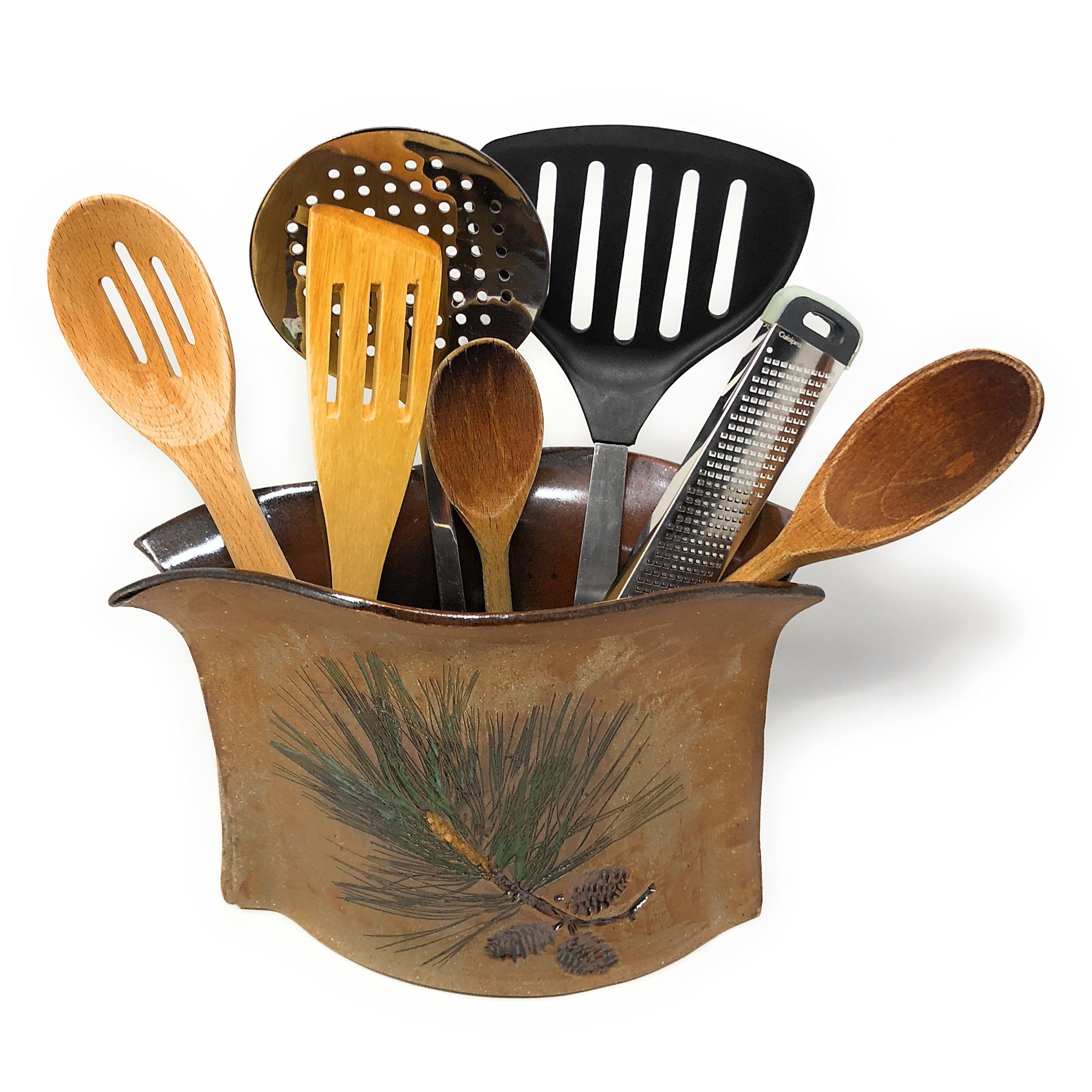 Pine Branch Pocket Vase - Small Ceramic Utensil Holder for Kitchen Countertop - Perfect for Organizing Spoons, Forks & Cooking Tools (Natural Wood Grain Design) - Great for Home, Office or Wedding Decor
