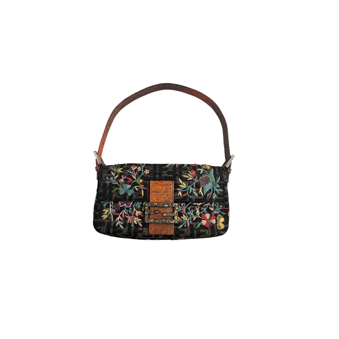 Vintage Fendi Embroidered Lizard Skin Trimmed Zucca Baguette Bag - Luxury Designer Handbag for Women, Perfect for Evening Parties & Special Occasions