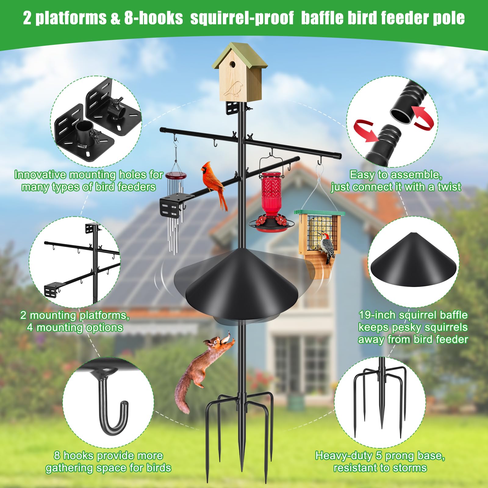 Gtongoko Squirrel Proof Smart Bird Feeder Pole - 107 Inch Tall Outdoor Bluebird House with 2 Feeding Platforms & 8 Hooks - 1 Inch Diameter Adjustable Heavy Duty Mounting Pole for Backyard, Garden, and Patio Bird Watching (Black)