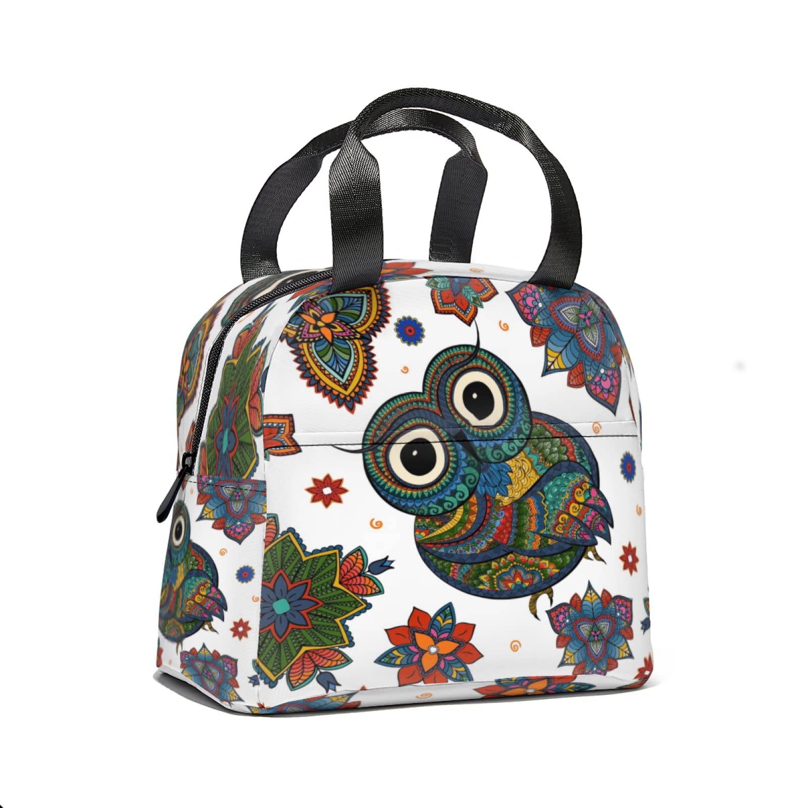 Vintage Tribal Owls Pattern Insulated Lunch Tote Bag - Reusable Handle Lunch Box with Front Pocket for Women & Men - Perfect for School, Work, Picnics & Outdoor Activities