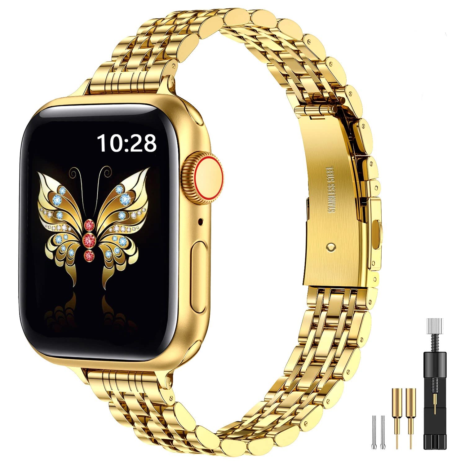 Slim Metal Band for Apple Watch Series 10/9/8/7/6/5/4/SE/Ultra 2/3/2/1 - Compatible with 49mm 46mm 45mm 44mm 42mm - Stainless Steel Chain Strap for Women - Elegant Gold iWatch Accessory - Perfect for Work, Parties & Everyday Wear