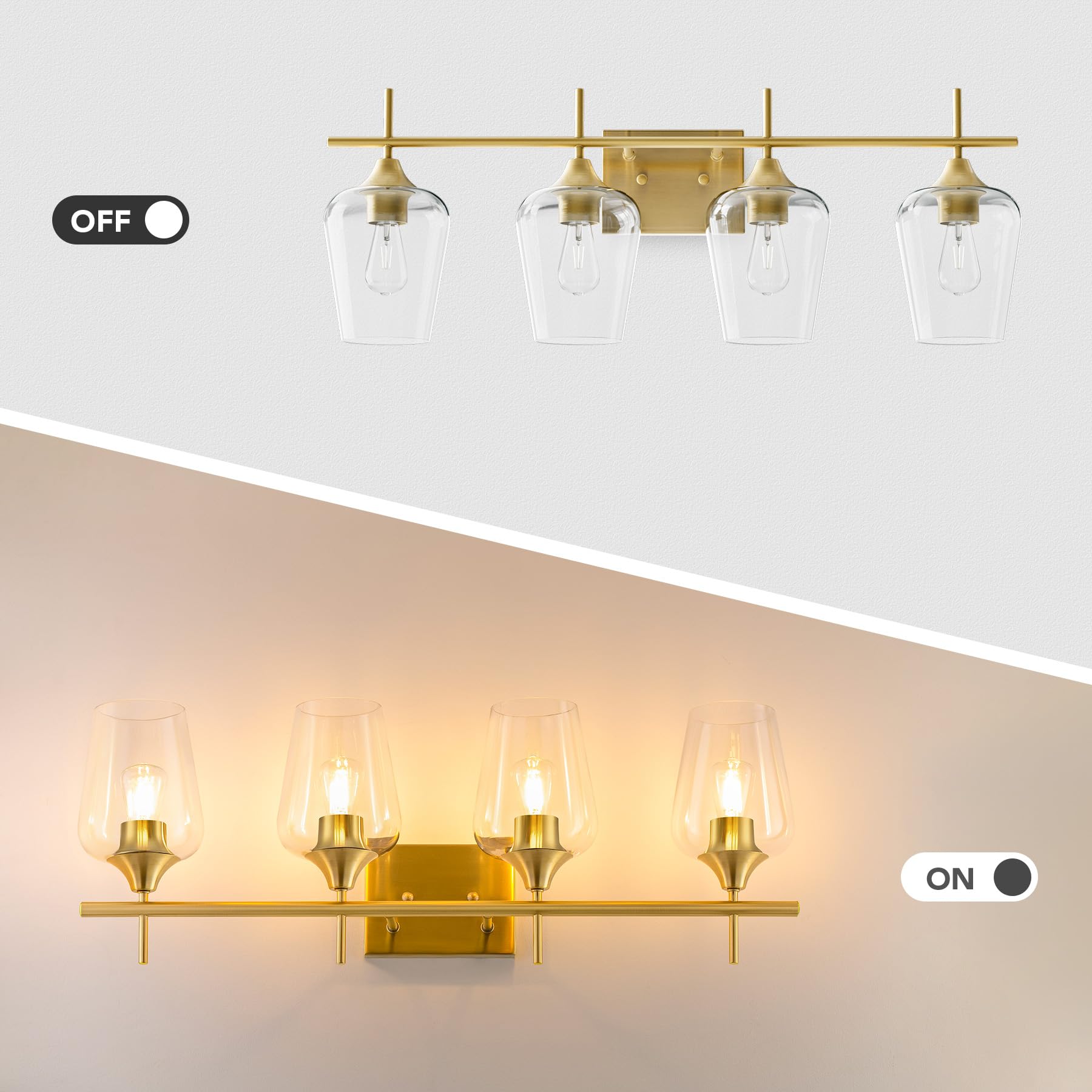 VONLUCE 4-Light Modern Bathroom Vanity Light Fixture with Clear Glass - Brushed Gold Wall Sconce for Mirror Lighting, Perfect for Bathroom, Bedroom, Hallway & Kitchen Decor