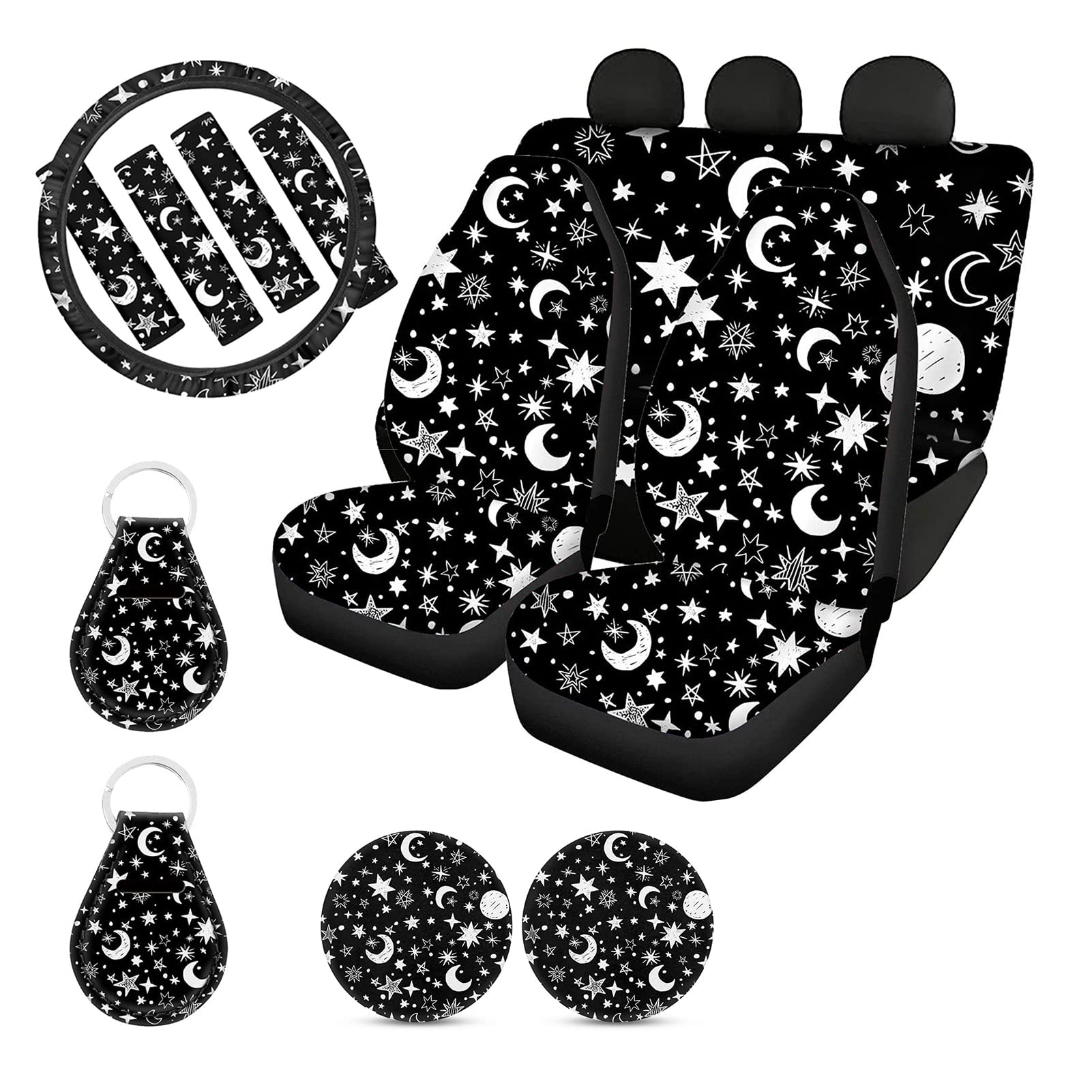 **Forchrinse Moon and Star Car Seat Cover Set – Universal Bucket Seat Protector, Steering Wheel Cover, Shoulder Pads, Car Coasters & Keychain (13-Piece) – Stylish & Protective for Women & Men – Perfect for Daily Commute, Road Trips & Car Interior Upgrade**