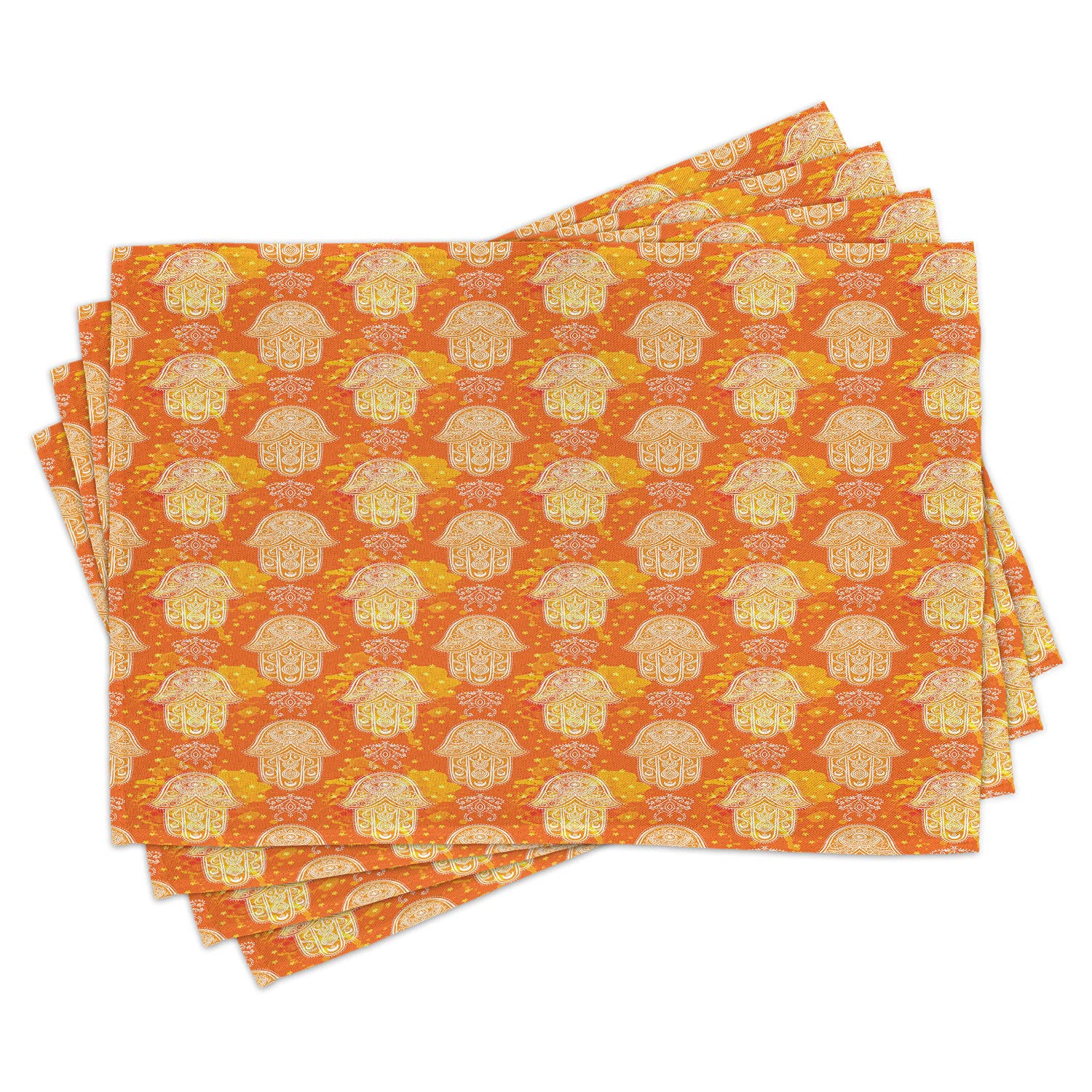 Ambesonne Oriental Place Mats Set of 4 - Washable Fabric Dining Table Mats with Folk Hand Motif in Orange, Yellow & White - Perfect for Kitchen, Dining Room Decor & Bohemian Style Home Entertaining