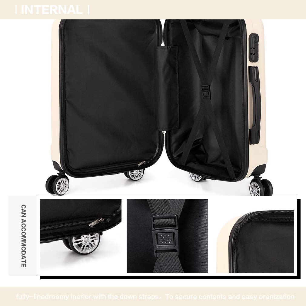 Kono 20 Inch Carry-On Luggage - Ultra Lightweight ABS Hard Shell Cabin Suitcase with 360° Spinner Wheels, TSA Lock & Expandable Design (Beige) - Perfect for Business Travel, Weekend Getaways & Airplane Cabin Use