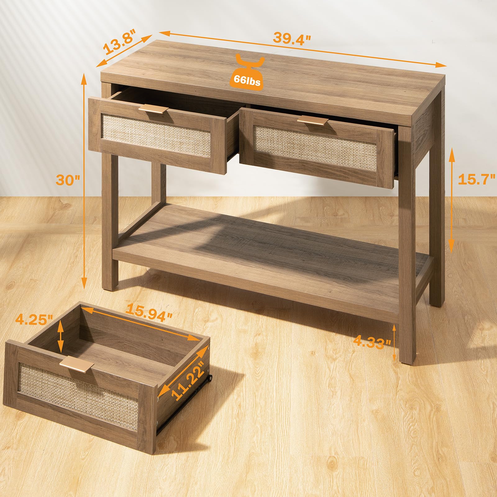 SICOTAS 2-Piece Boho Rattan Console Table Set with Drawers & 2-Tier Shelf - Narrow Long Entryway Sofa Table for Living Room, Hallway, Foyer - Perfect for Small Space Decor & Apartment Entry Organization
