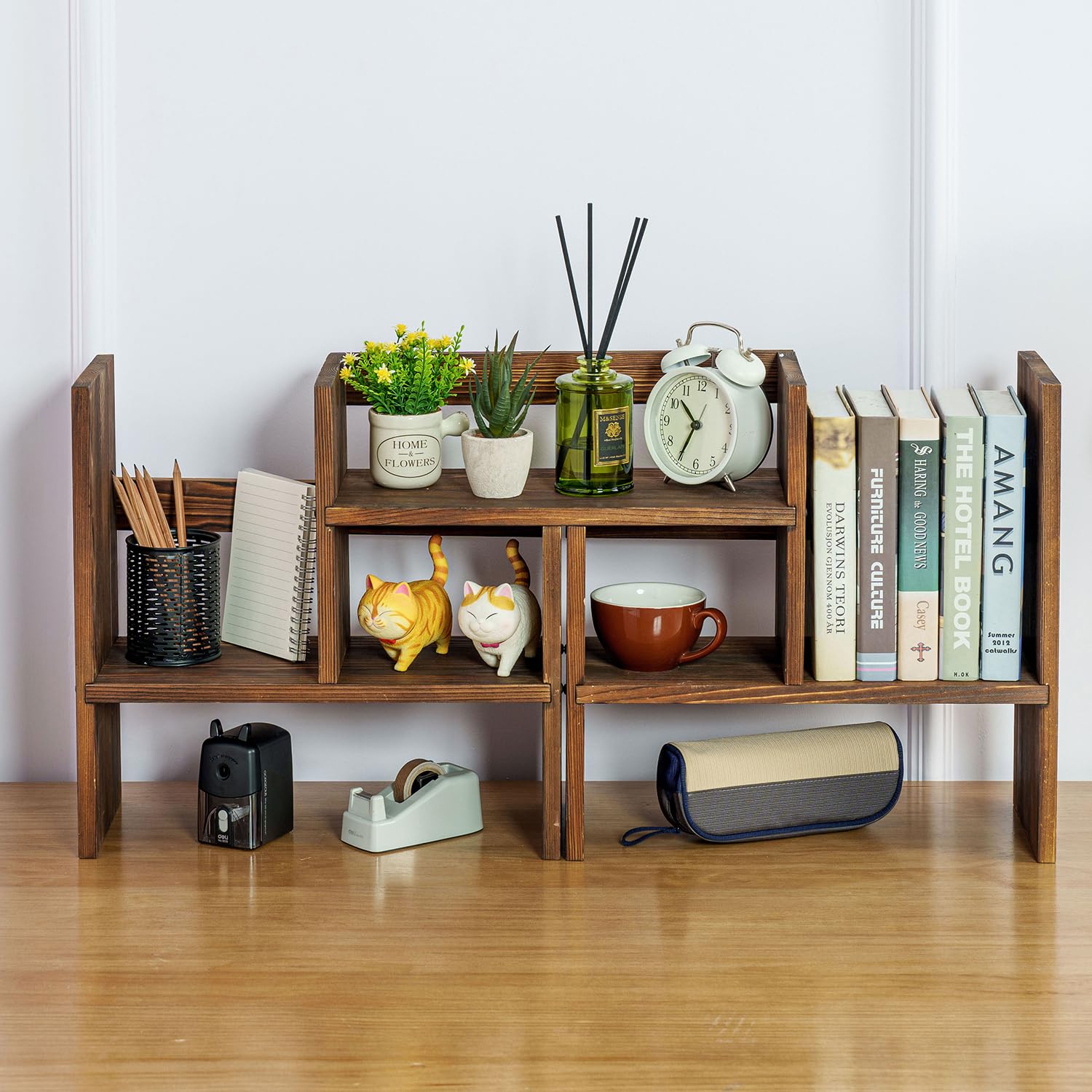 MyGift Adjustable Desktop Shelf - Rustic Solid Wood Stackable Bookshelf Organizer for Home & Office - Multi-Level Storage Rack for Books, Decor & Office Supplies - Perfect for Desk Organization & Space Saving