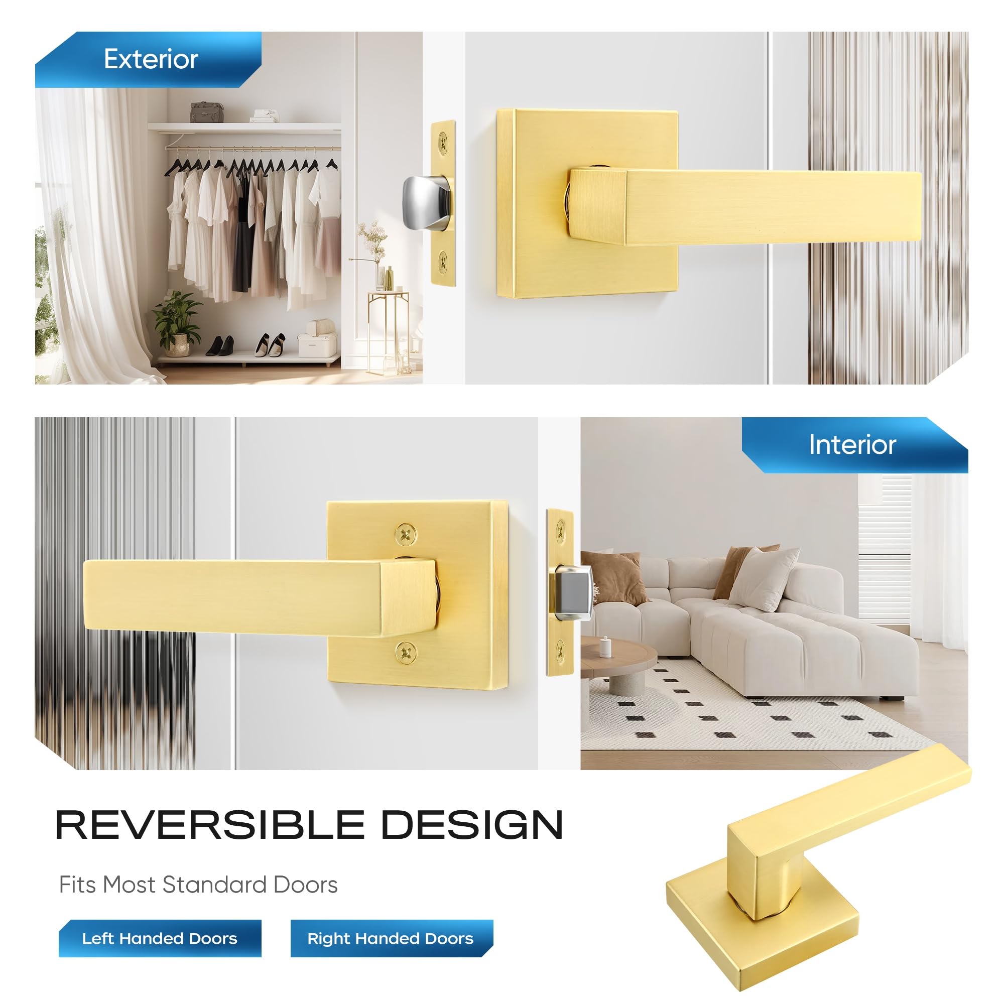 Brushed Gold Keyless Door Handles 3 Pack - Satin Brass Finish for Closet & Hallway