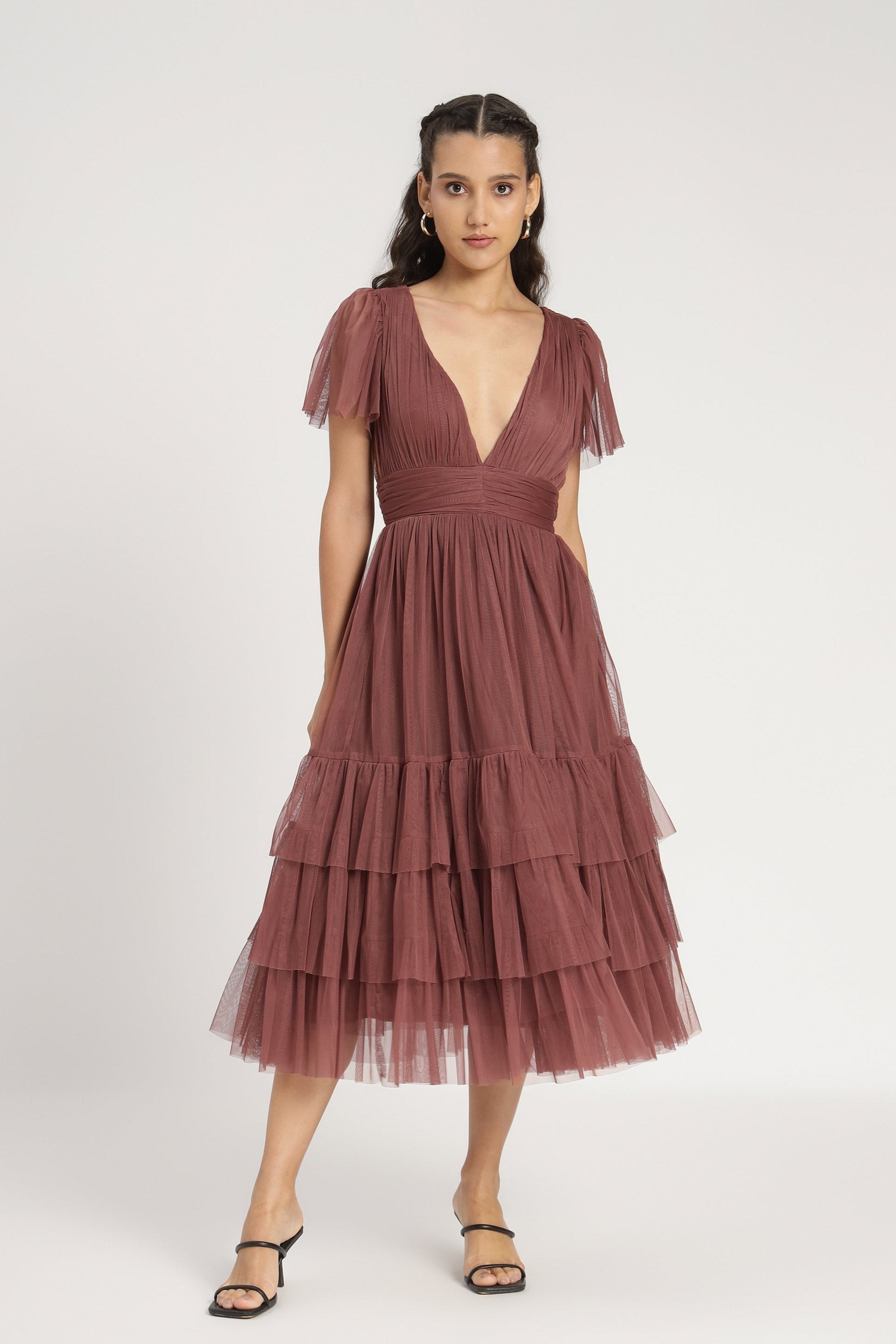 Madison Rose Brown Tulle Bridesmaid Midi Dress - Elegant Tea-Length Formal Gown for Weddings, Prom & Special Occasions