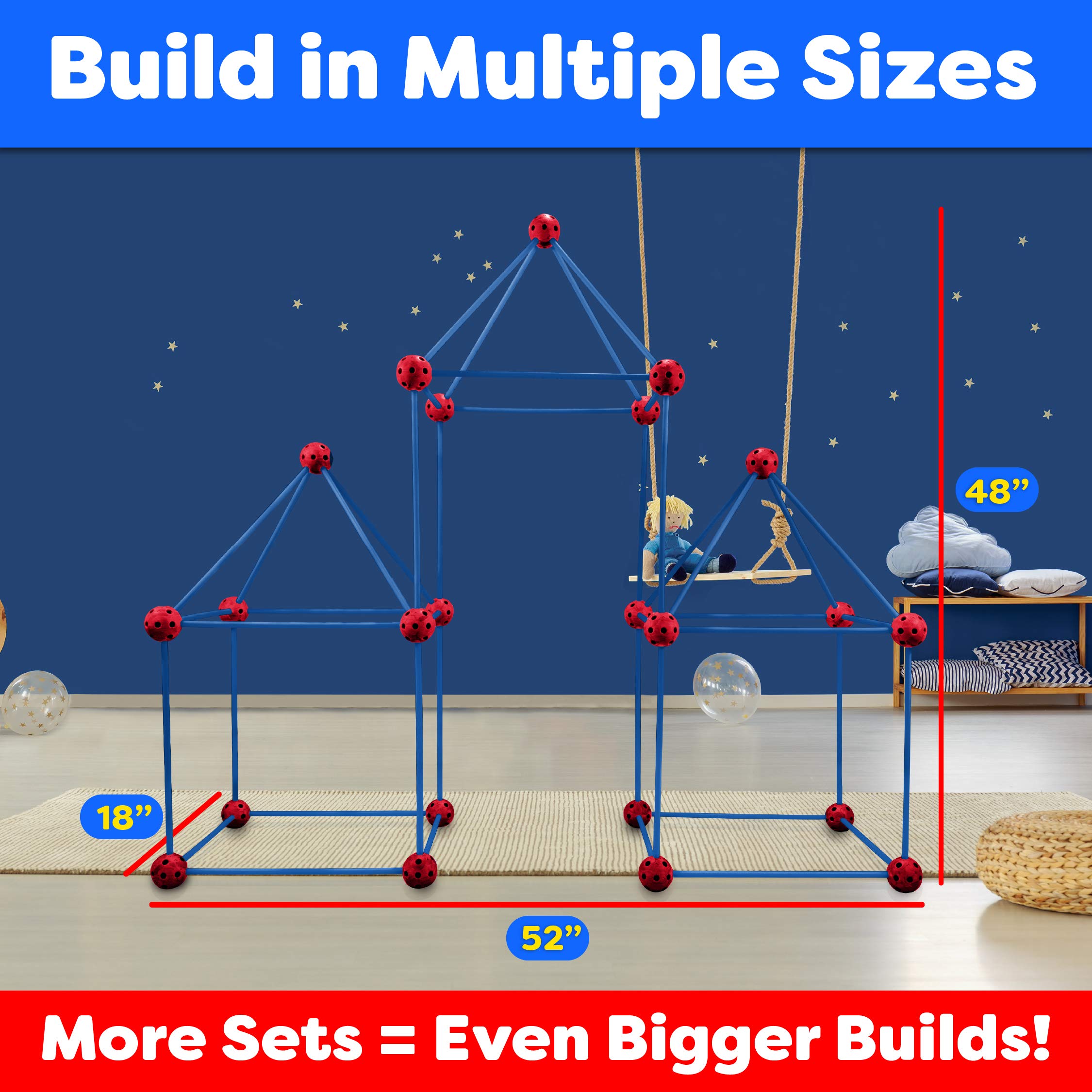 81-Piece STEM Fort Building Kit for Kids - Fun Fun Forts Play Tent with 53 Rods & 28 Spheres | Indoor/Outdoor Construction Toys | Educational STEM Learning & Creative Play (Red & Blue)