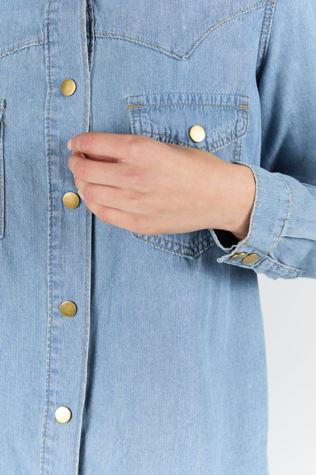 Stylish Gussied Up Yoke Detail Chambray Button Down Shirt for Women - Perfect for Office Wear, Casual Outings & Date Nights