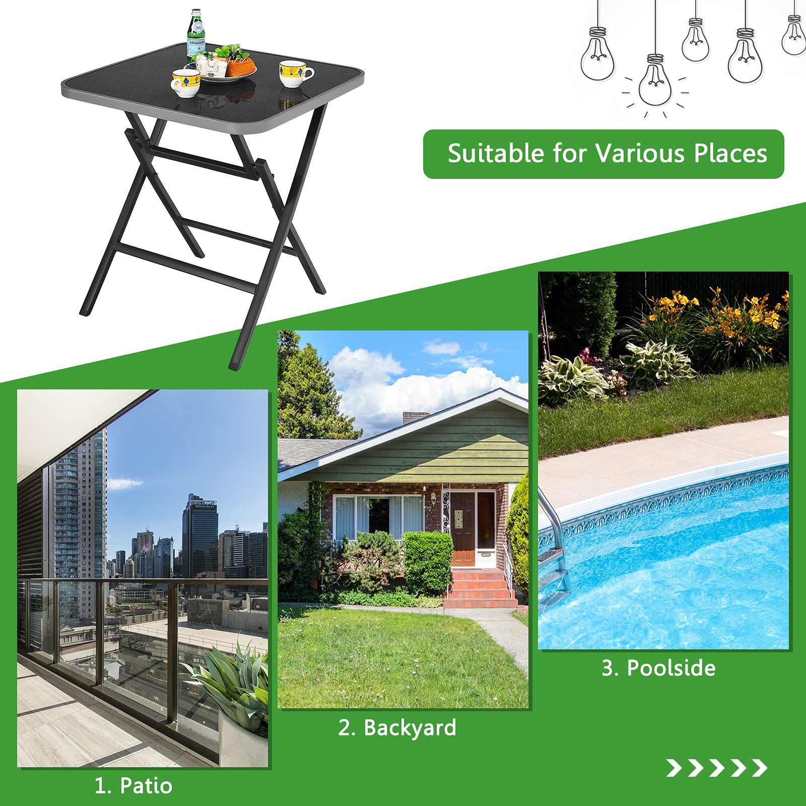Portable Aluminum Folding Patio Table - Square Outdoor Dining & Bistro Table with Tempered Glass Top - Rustproof All-Weather Coffee Side Table for Backyard, Garden, Poolside & Indoor Use - Perfect for Entertaining, Dining Al Fresco, and Relaxing Outdoors