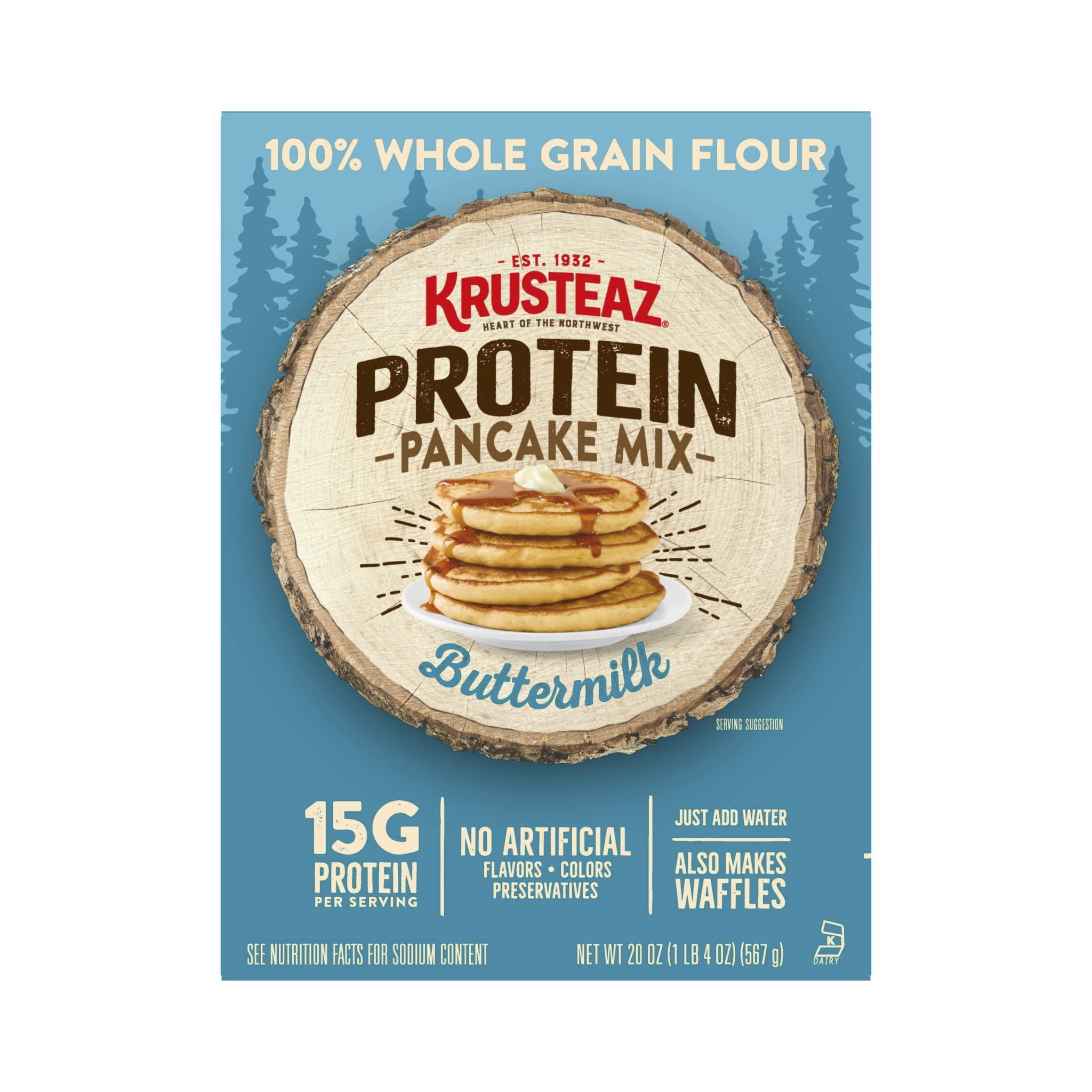 Krusteaz Protein Pancake Mix - Buttermilk Flavor, 100% Whole Grain Flour, 15g Protein Per Serving, Easy Just Add Water, Great for Waffles Too (1.25 Pound, Pack of 4) - Perfect for Healthy Breakfast, Post-Workout Meal & Family Brunch