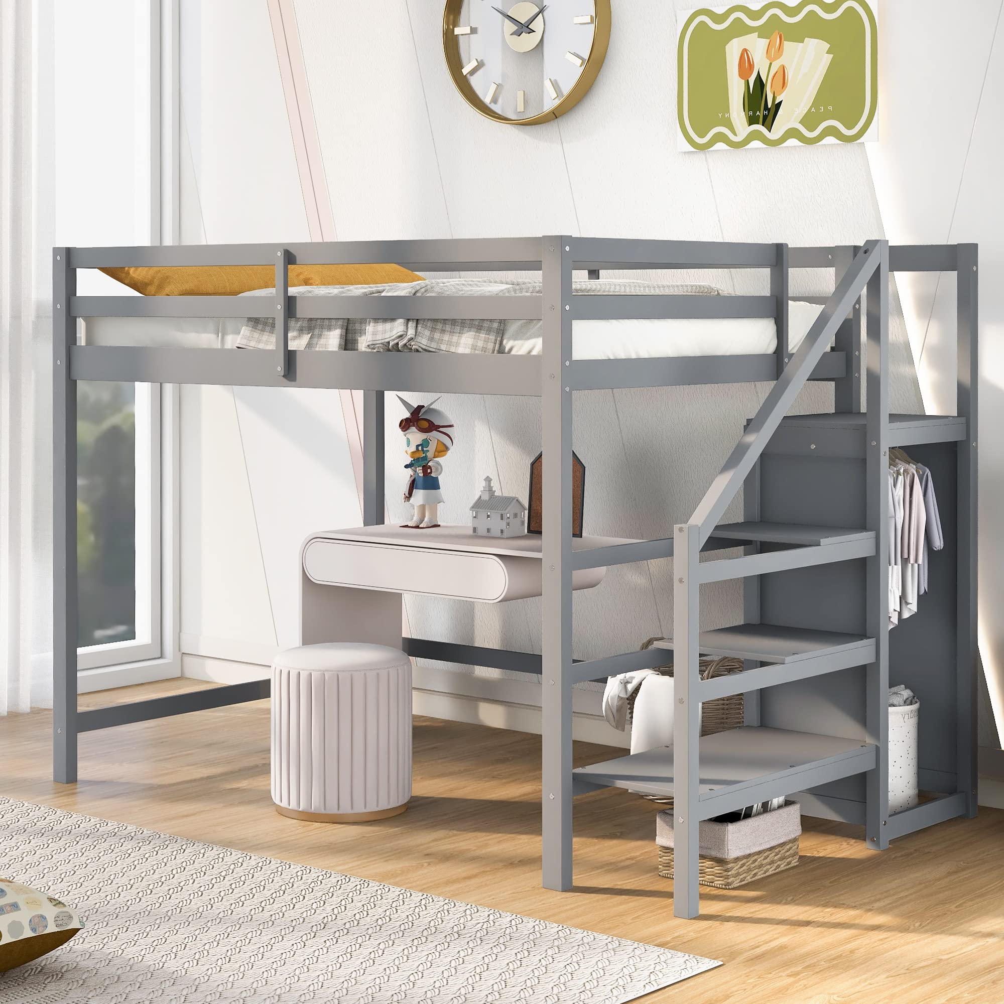KLMM Full Size Loft Bed with Built-in Storage Wardrobe & Staircase - Modern Solid Wood Loft Bed Frame with Safety Guard Rail - No Box Spring Needed (Gray/Storage+F) - Perfect for Small Spaces, Dorms, Apartments & Kids' Rooms