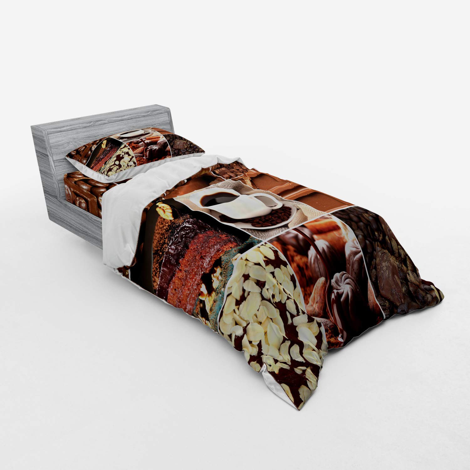 Ambesonne Brown 3-Piece Bedding Set - Coffee & Chocolate Themed Duvet Cover with Sham & Fitted Sheet, Twin Size | Perfect for Cozy Bedrooms, Dorm Rooms & Coffee Lover Gifts