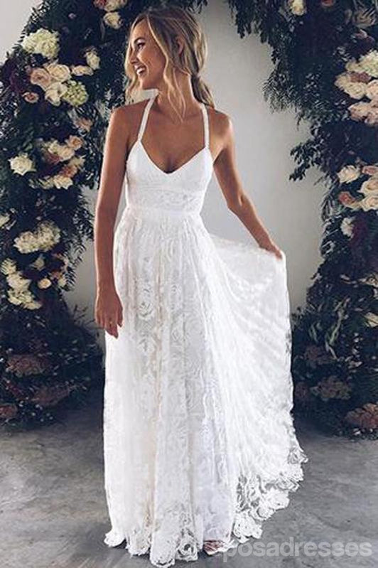 Elegant Long A-Line Straps V-Neck Side Slit Lace Wedding Dress WD748 - Perfect for Beach, Church & Outdoor Ceremonies