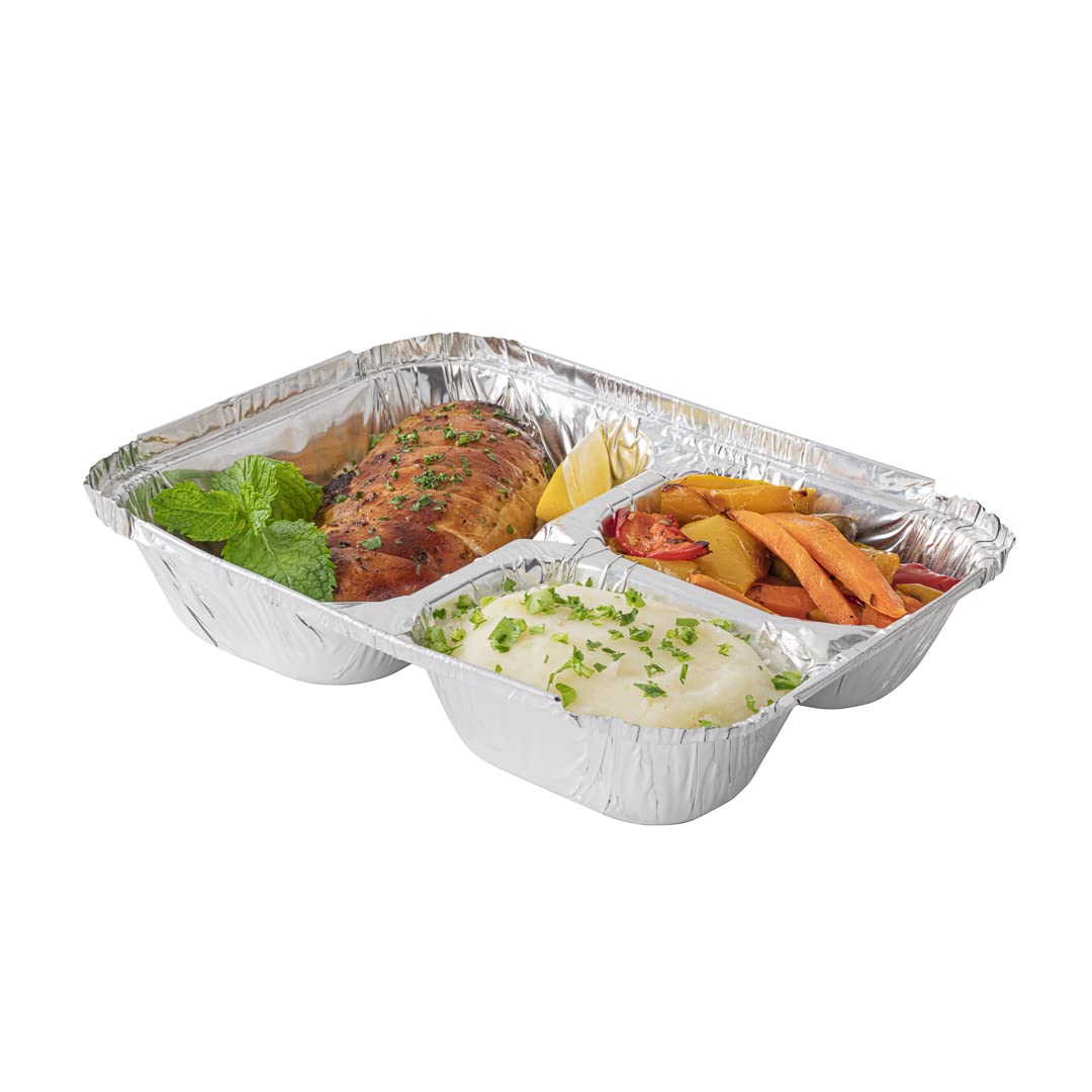 Restaurantware Foil Lux 23oz Aluminum Food Storage Containers - 100-Pack 3-Compartment Rectangle Pans for Baking, Meal Prep & Leftovers (Lids Sold Separately) | Durable & Reusable for Catering, Restaurants & Home Cooking