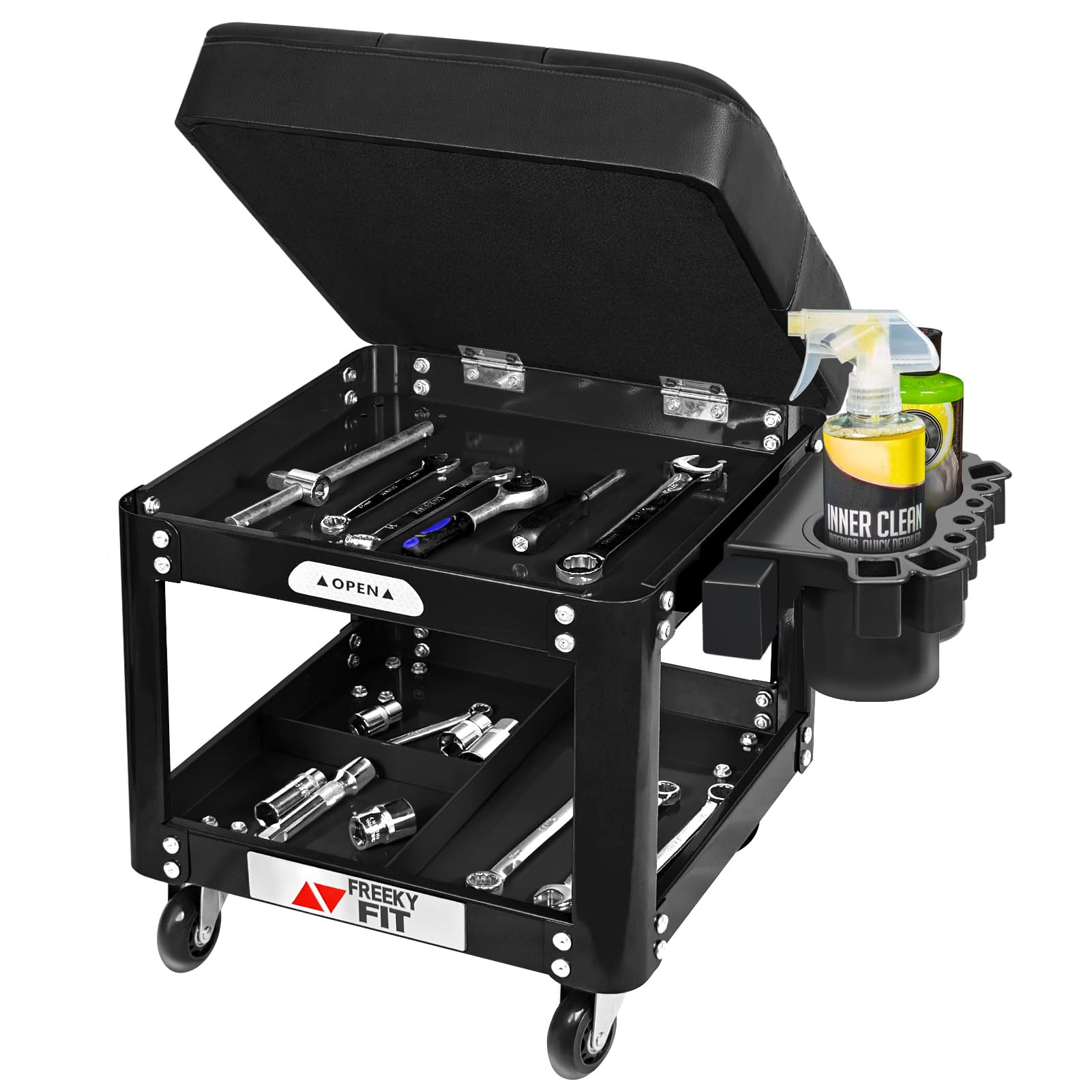 Rolling Creeper Garage Shop Seat - Heavy Duty Padded Mechanics Stool with Tool Tray Storage & Wheels, 330 LBS Capacity - Perfect for Auto Repair, DIY Projects & Workshop Use - Black