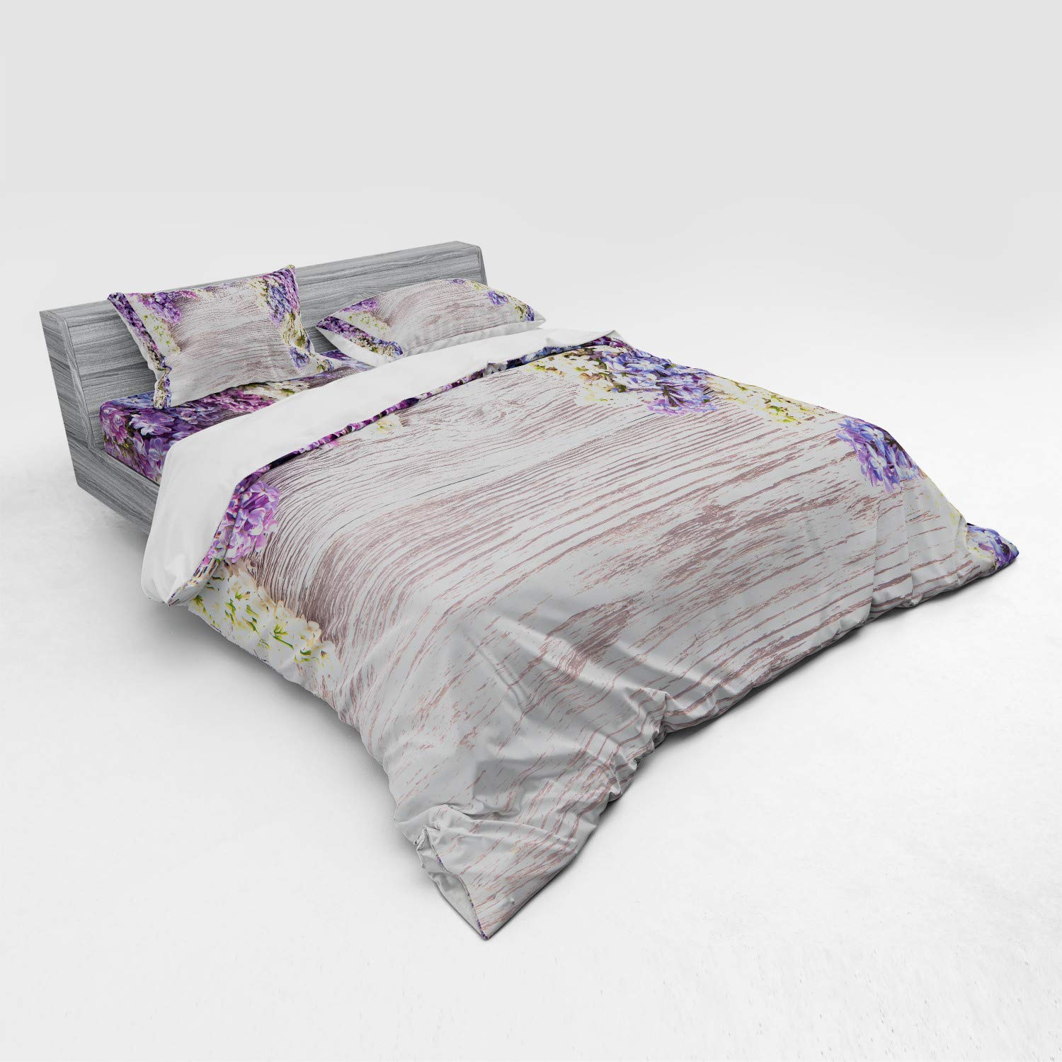 Ambesonne Rustic Duvet Cover Set - King Size 4 Piece Bedding with Shams & Fitted Sheet, Lilac Floral Bouquet on Wood Table Design for Spring & Romantic Bedrooms (Lilac/Violet/Dark Taupe) - Perfect for Master Bedrooms, Guest Rooms & Cozy Farmhouse Decor