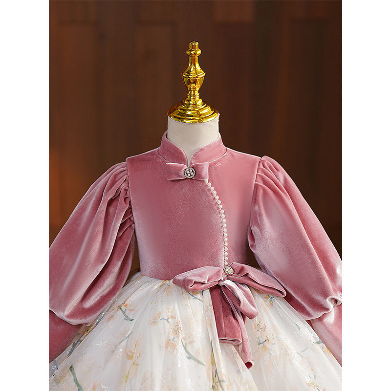 Pink Velvet Tulle Princess Flower Girl Dress with Beaded Lantern Sleeves - Perfect for Weddings, Birthday Parties & Special Occasions