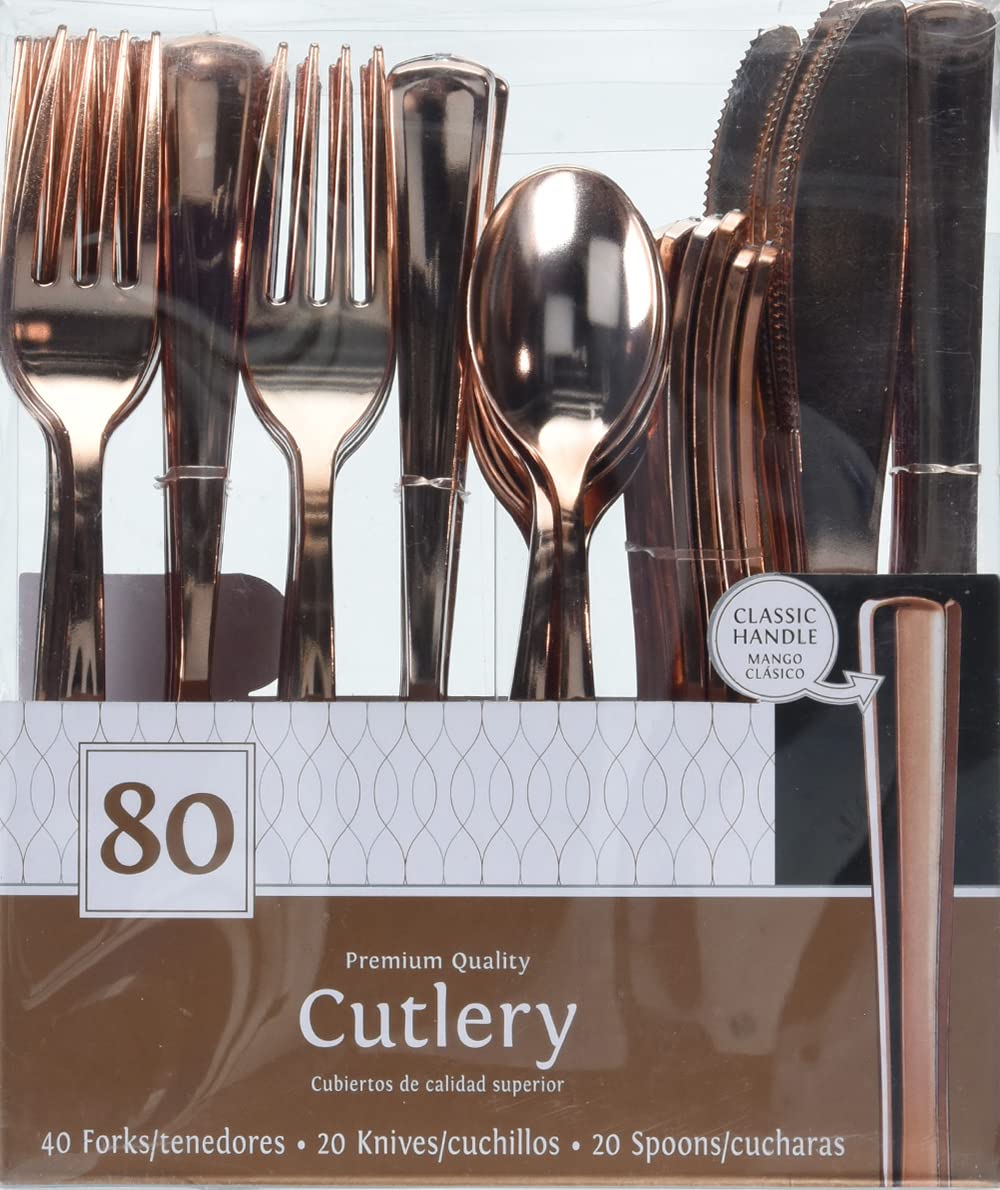 Premium Rose Gold Plastic Cutlery Set - 80-Piece (40 Forks, 20 Knives, 20 Spoons) - Elegant Metallic Disposable Silverware for Weddings, Parties, Events & Catering - Durable Classic Handle Design - Perfect for Home, Office & Outdoor Gatherings