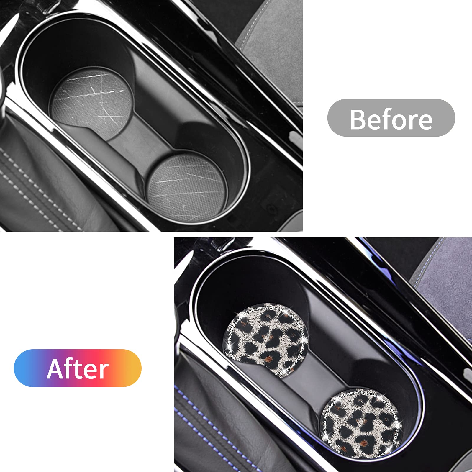 Universal Car Cup Holder Coasters - Bling Diamond Leopard Design, 4-Pack Silicone Drink Coasters for Women's Vehicle Accessories | Perfect for Coffee, Soda & Water Bottles in Cars (White Leopard)