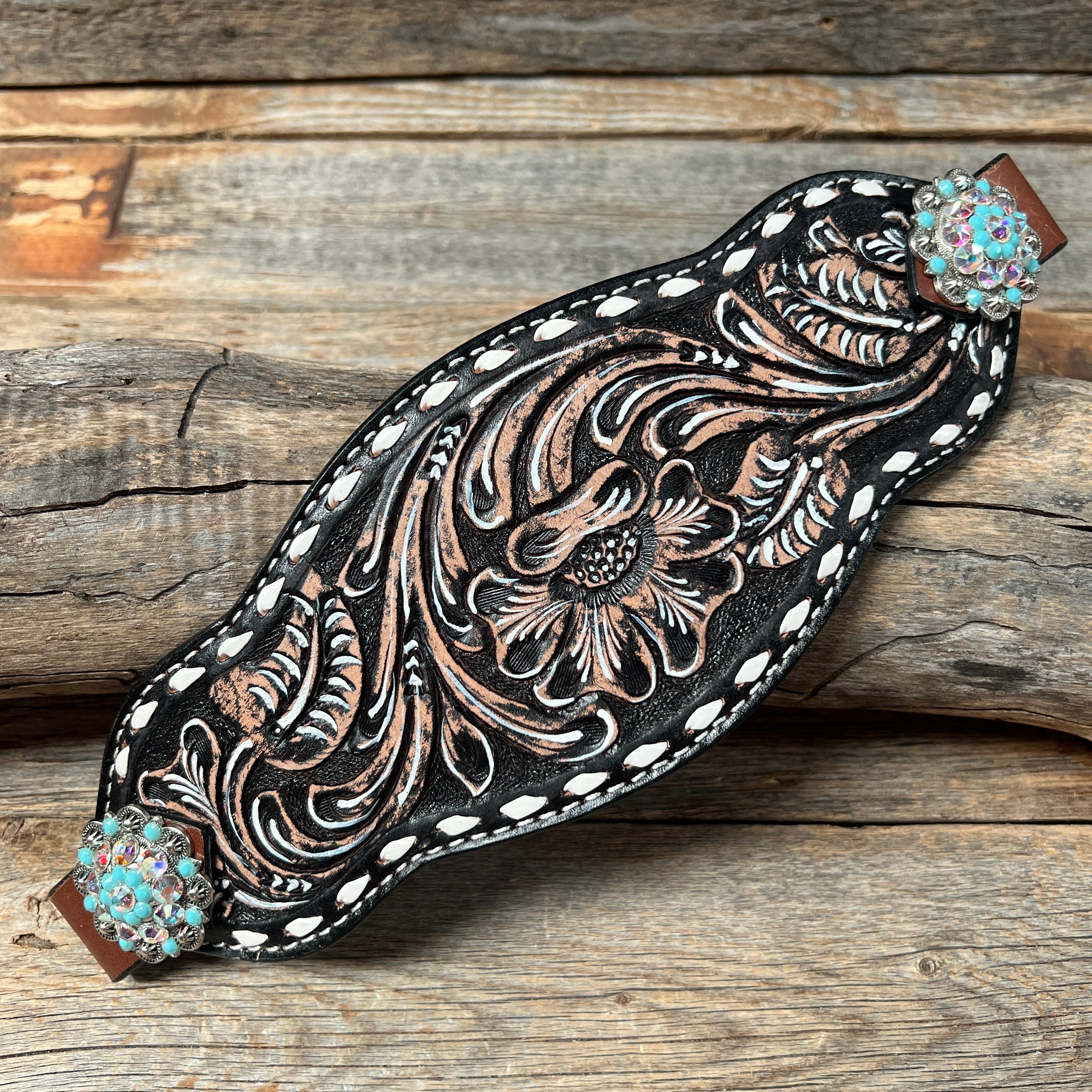 Dark Oil Buckstitch Bronc Noseband with Antique Silver Conchos - Western Horse Riding Gear for Rodeo & Ranch Work - Durable Leather Tack for Training & Show Horses