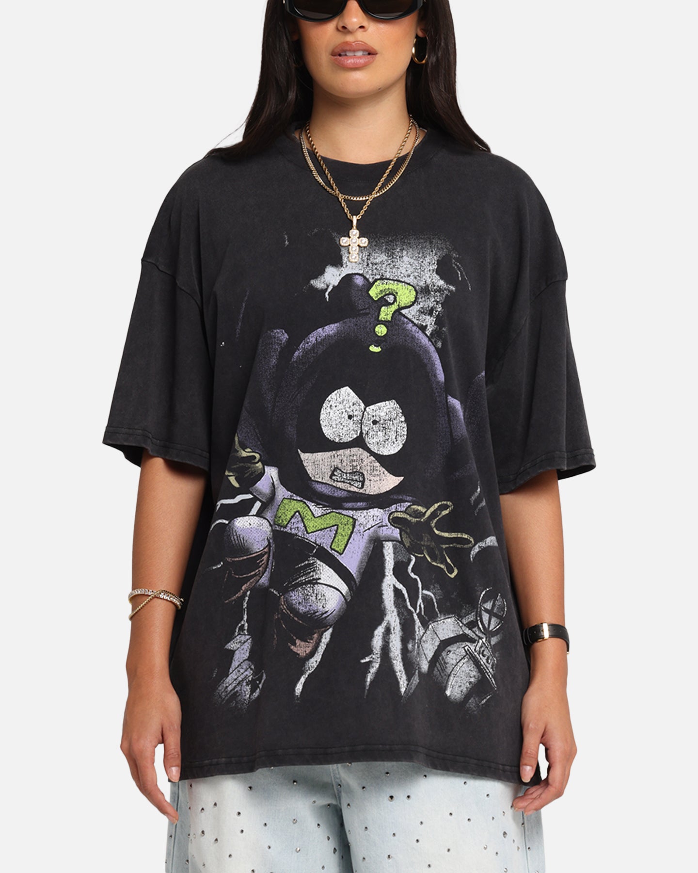 73 Studio X South Park Mysterion Vintage Acid Wash Black T-Shirt - Cartoon Character Graphic Tee for Fans & Collectors - Perfect for Casual Wear, Cosplay, and Gift Giving