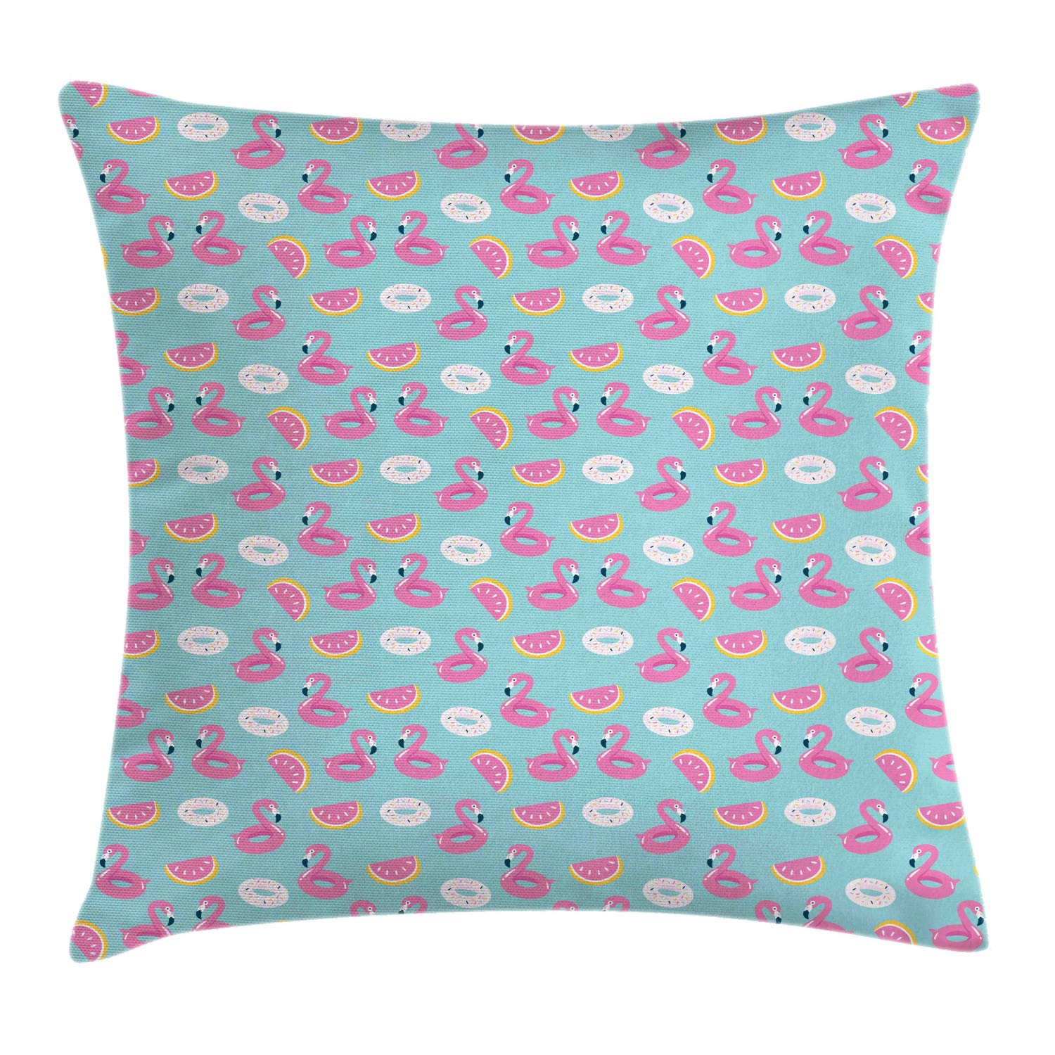 Ambesonne Summer Pink Throw Pillow Cover 18x18 Inches - Donut & Flamingo Pool Float Pattern, Decorative Square Cushion Case in Pale Turquoise - Perfect for Beach House Decor, Poolside Lounging & Boho Chic Home Accents
