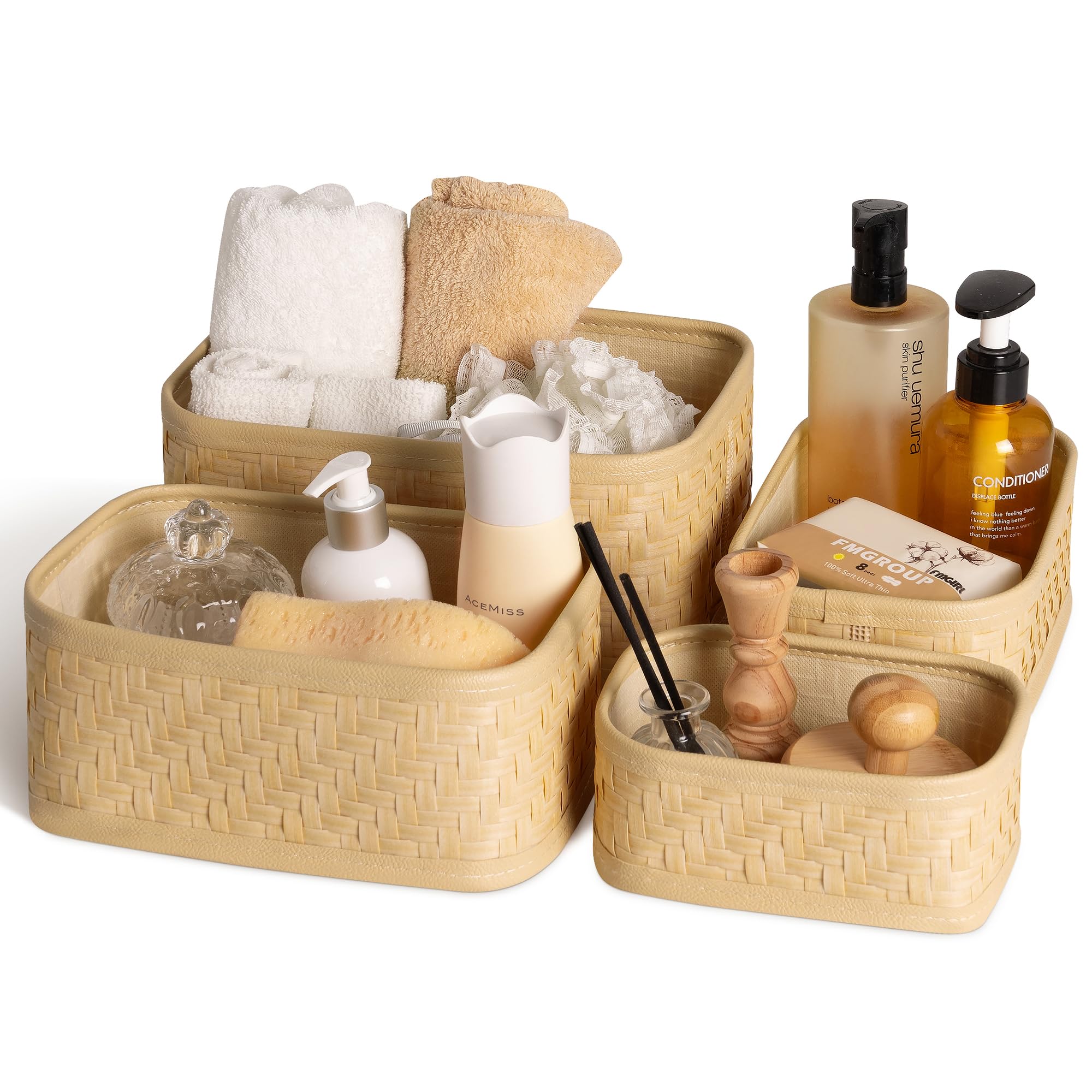 GRANNY SAYS Woven Storage Baskets Set of 4 - Waterproof Laundry Organizer, Small Wicker Bins for Shelves & Boho Decor | Perfect for Bedroom Closet, Bathroom Towels & Nursery Organization