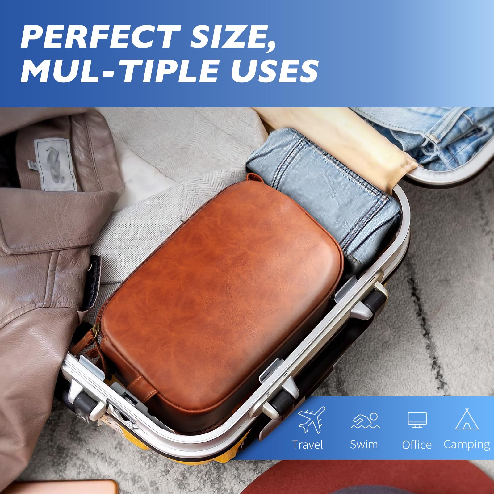 HOTOR Waterproof Leather Travel Toiletry Bag for Women & Men - Compact Toiletries Organizer with Handle, Cruise & Airplane Essentials, Brown Medium Size - Perfect for Weekend Trips, Business Travel & Vacation Packing