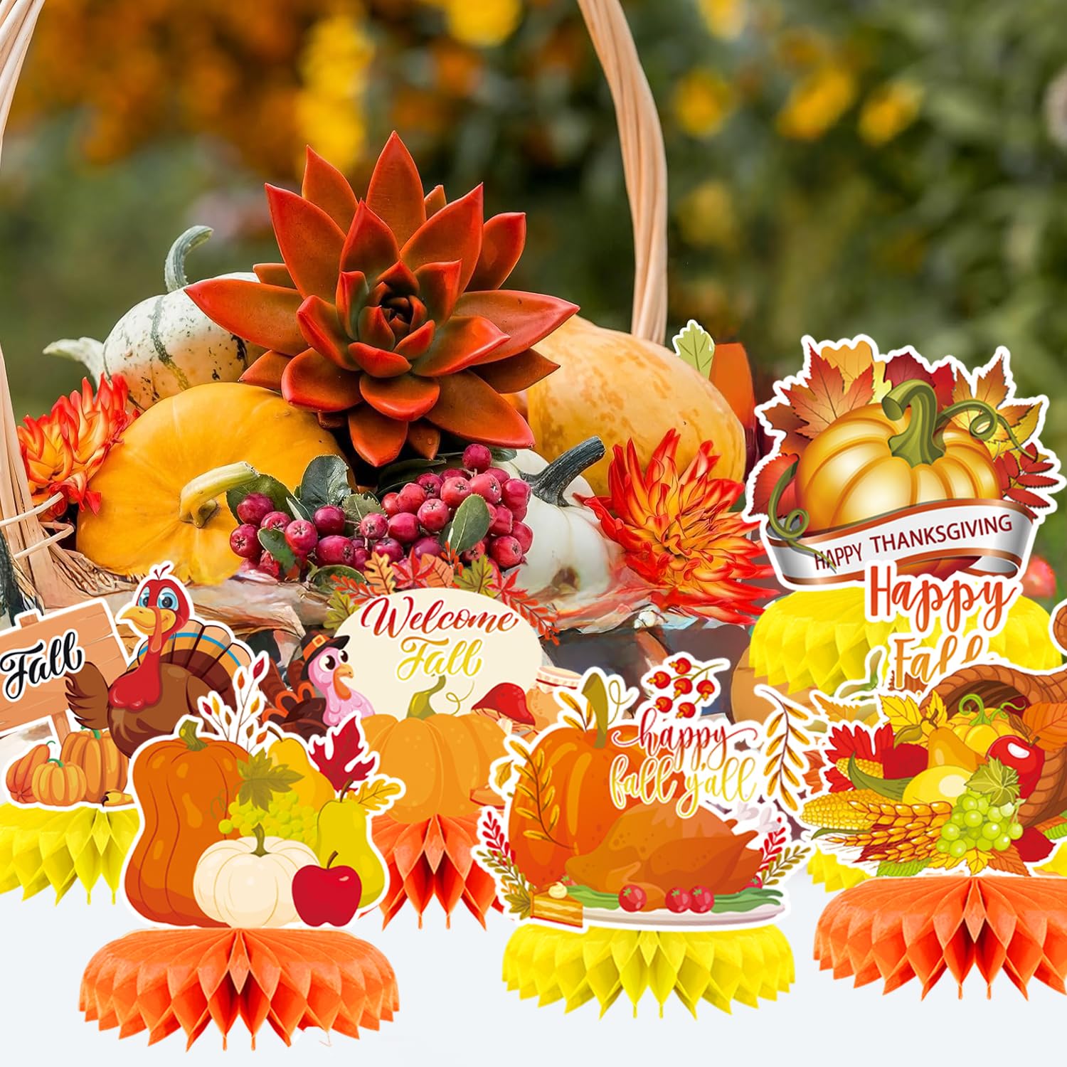 9Pcs Fall Table Centerpiece Decor Set - Thanksgiving Turkey & Pumpkin Honeycomb Decorations for Autumn Parties, Birthday, and Holiday Table Decor | Perfect for Thanksgiving Dinner, Harvest Festival, and Seasonal Home Decor