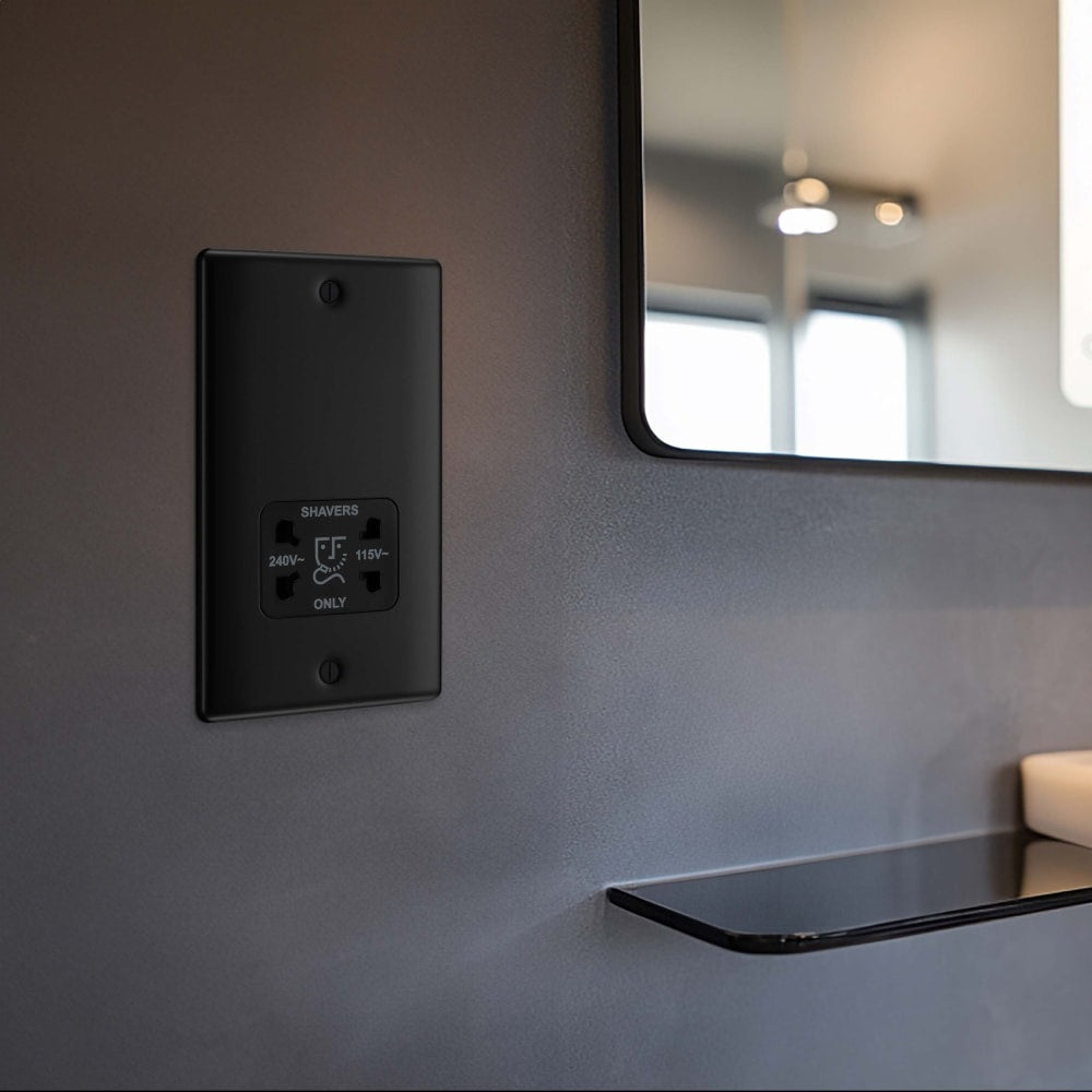BG Nexus Metal Matt Black Shaver Socket NFB20B - Waterproof Shaving Power Outlet for Bathroom, Salon & Travel - Dual Voltage 110V-240V UK Shaver Plug with LED Indicator