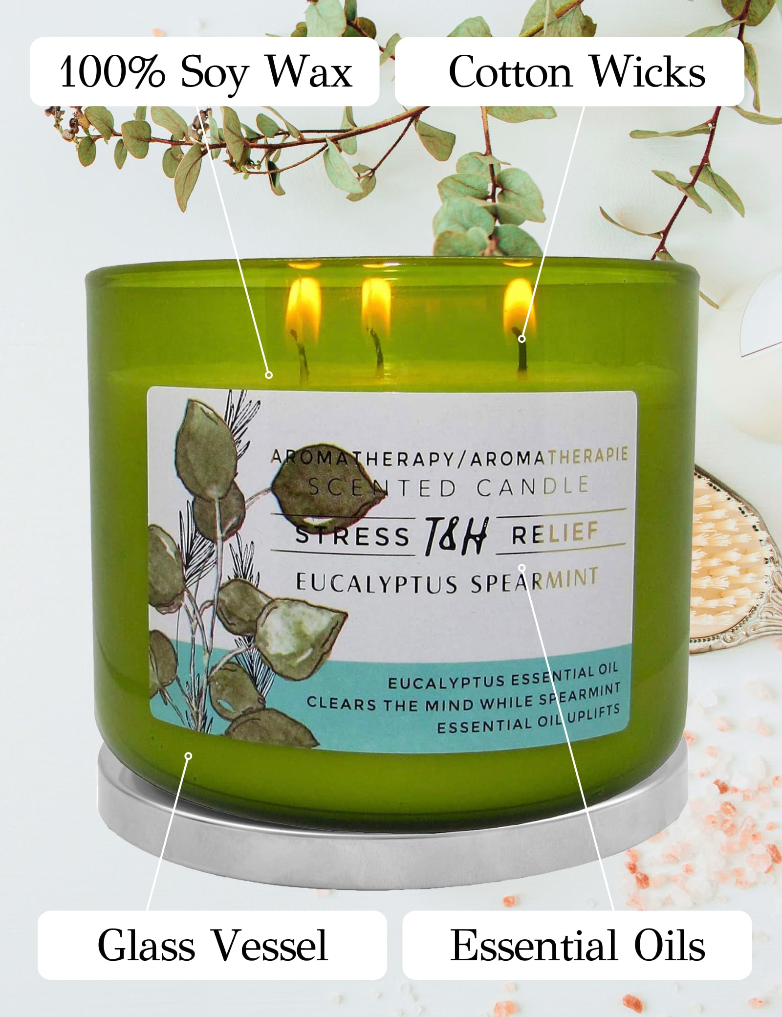 Eucalyptus Spearmint Aromatherapy 3-Wick Soy Candle - 15.8 oz Large Scented Candle for Home, Spa & Office - Long-Lasting Relaxation Gift for Men & Women - Perfect for Stress Relief, Meditation & Romantic Ambiance