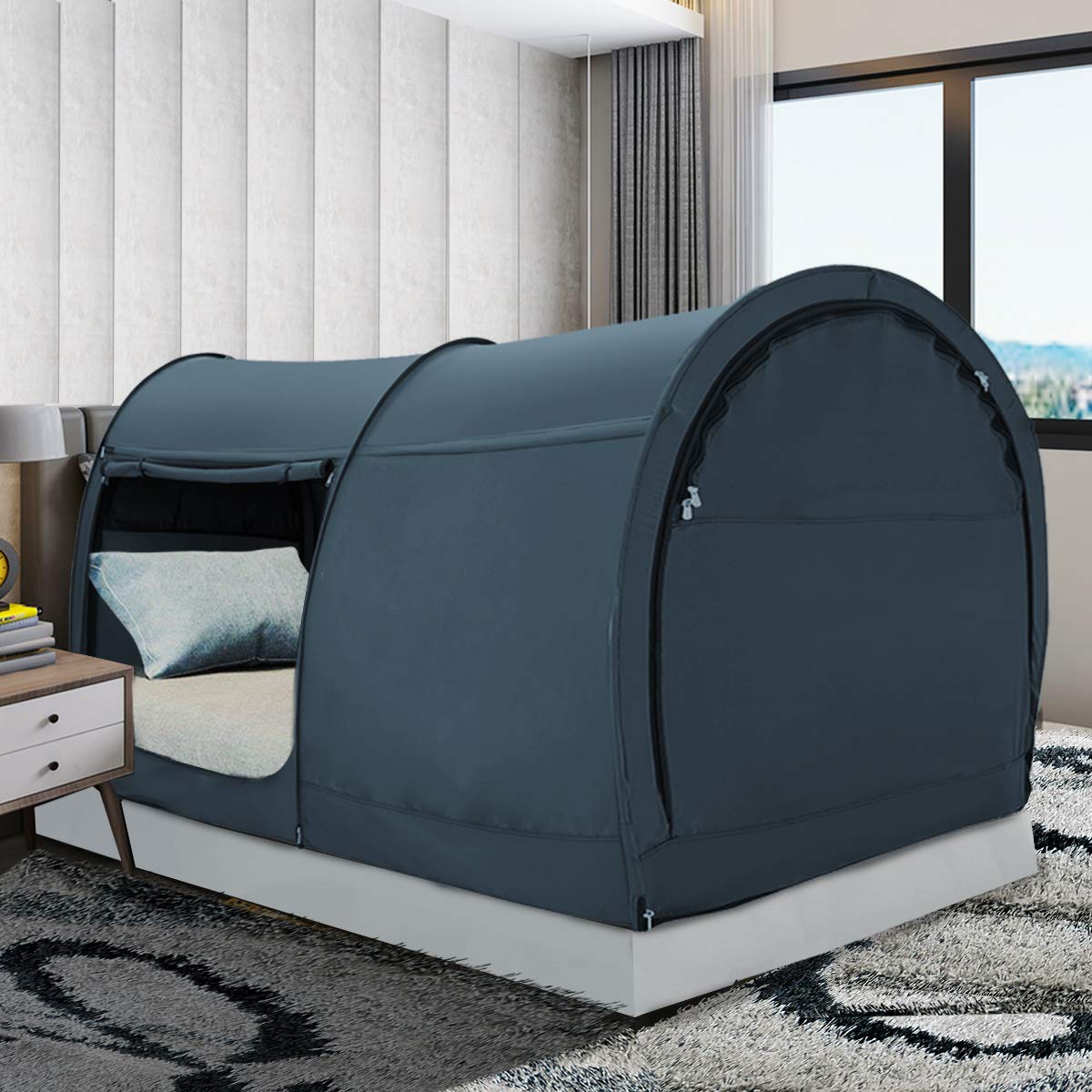 LEEDOR Pop Up Bed Tent - Queen Size Dream Canopy Shelter for Kids & Adults, Warm Breathable Indoor Privacy Cabin (Mattress Not Included) - Perfect for Camping, Sleepovers & Cozy Bedroom Retreats - Patent Pending Pitch Black