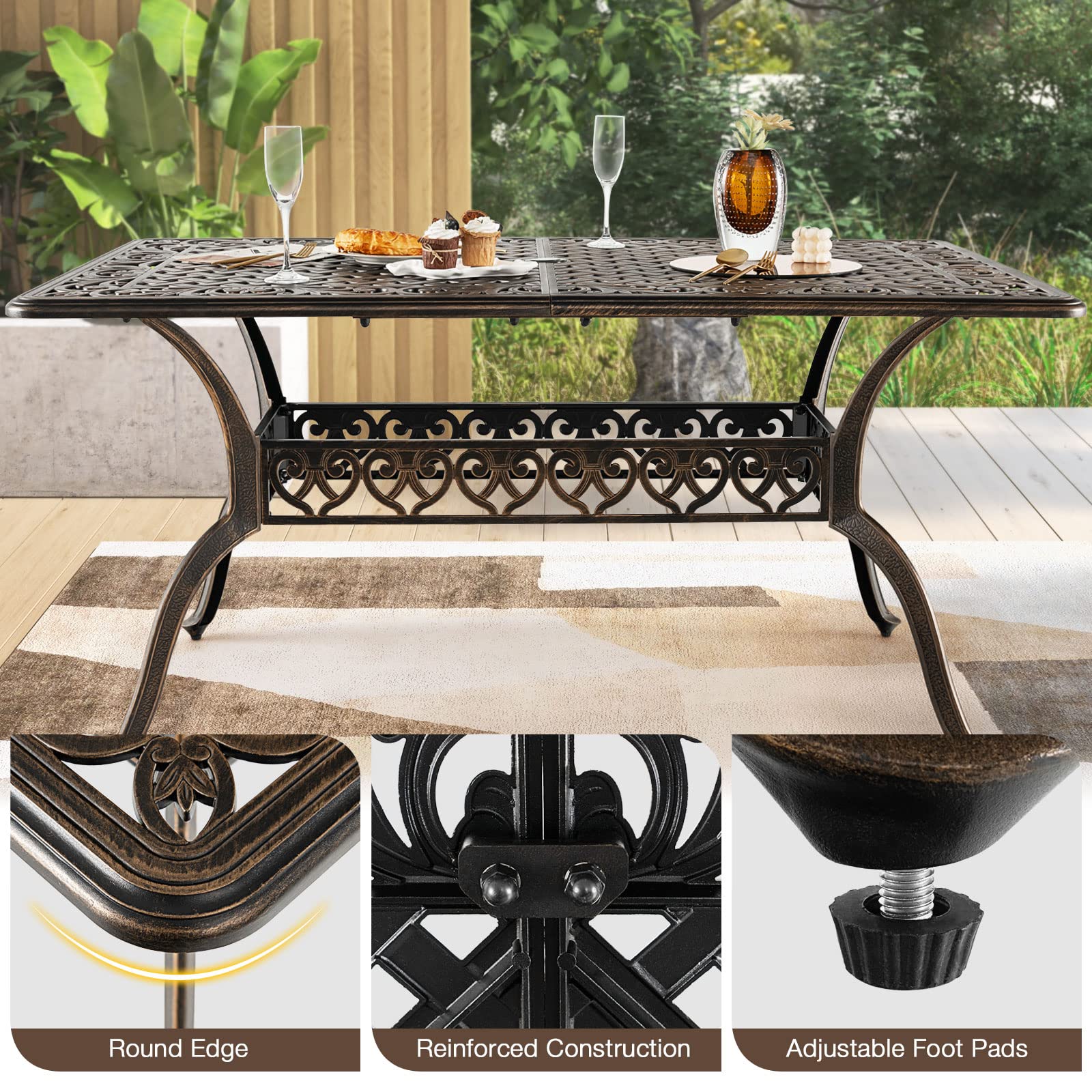Tangkula 59 Inch Outdoor Dining Table - All-Weather Cast Aluminum Patio Table with Umbrella Hole - 6-8 Person Rectangular Garden Table for Backyard, Poolside & Outdoor Entertaining (Bronze)