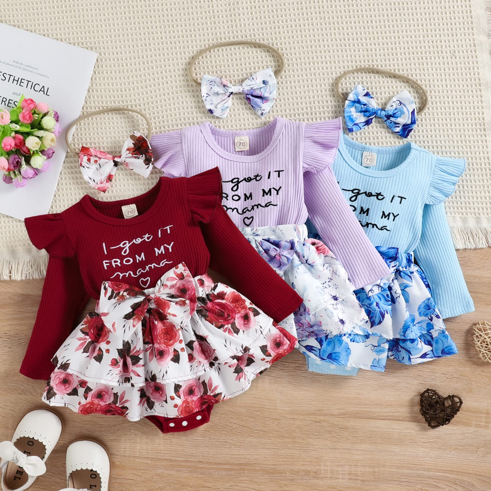 Christmas Baby Girl Clothes - Long Sleeve Floral Romper Dress & Bodysuit Outfit for Infant Girls | Fall & Holiday Season Playwear