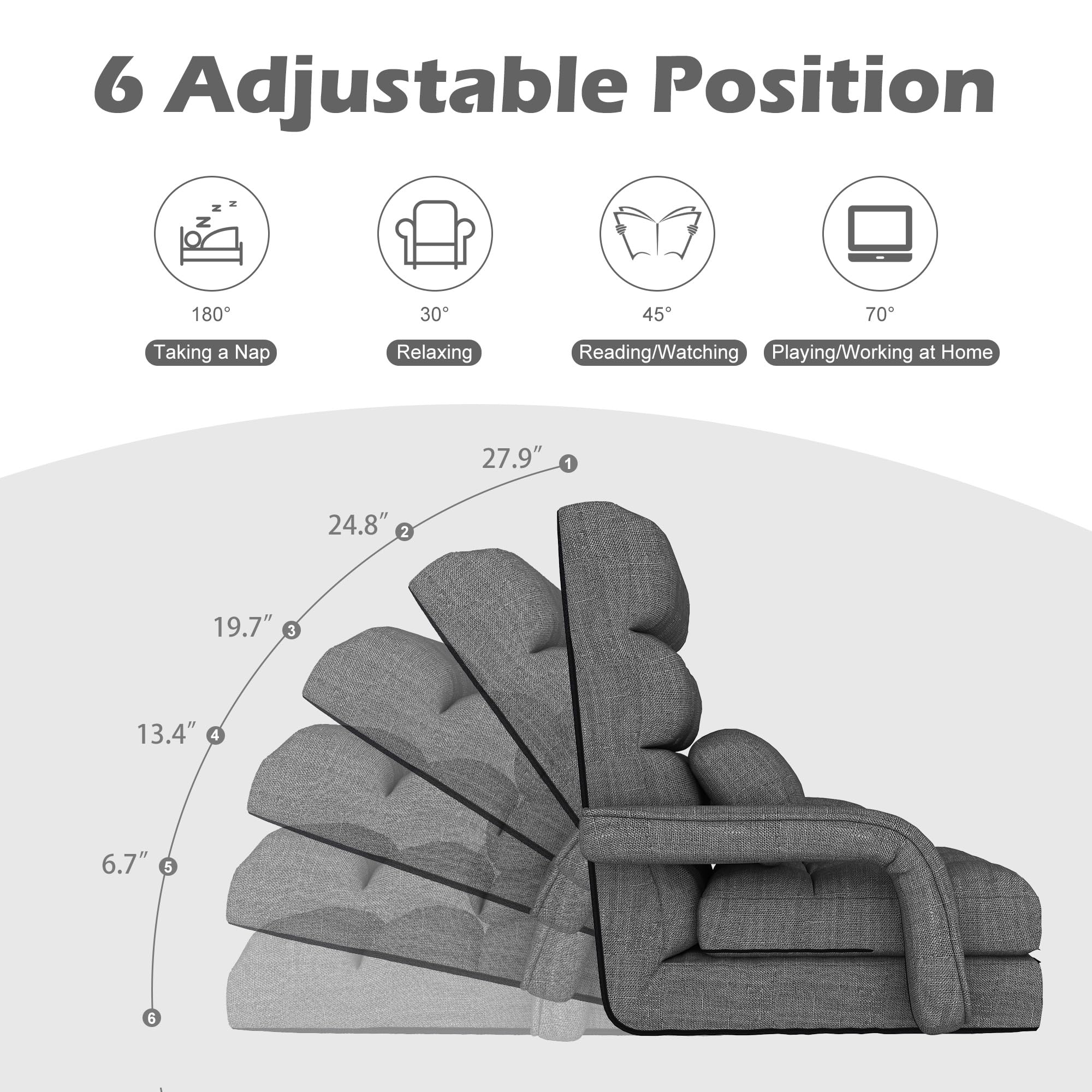 DHMAKER Adjustable Folding Floor Chair - Ergonomic Back Support Gaming Chair, 6-Position Recliner, Breathable Fabric Chaise Lounge for Living Room, Bedroom & Office - Perfect for Relaxing, Gaming & Napping