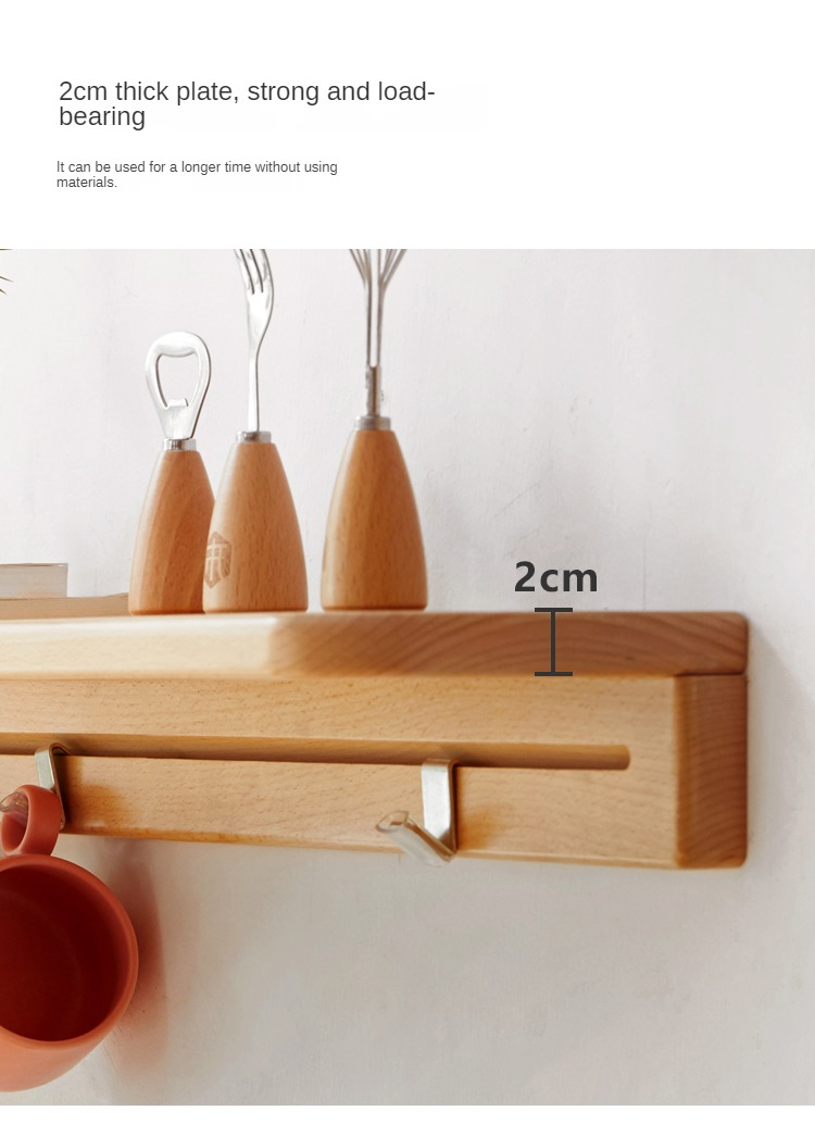 Solid Beech Wood Wall Shelf with Hooks - Rustic Floating Shelf for Kitchen, Bathroom, or Living Room Storage & Decor
