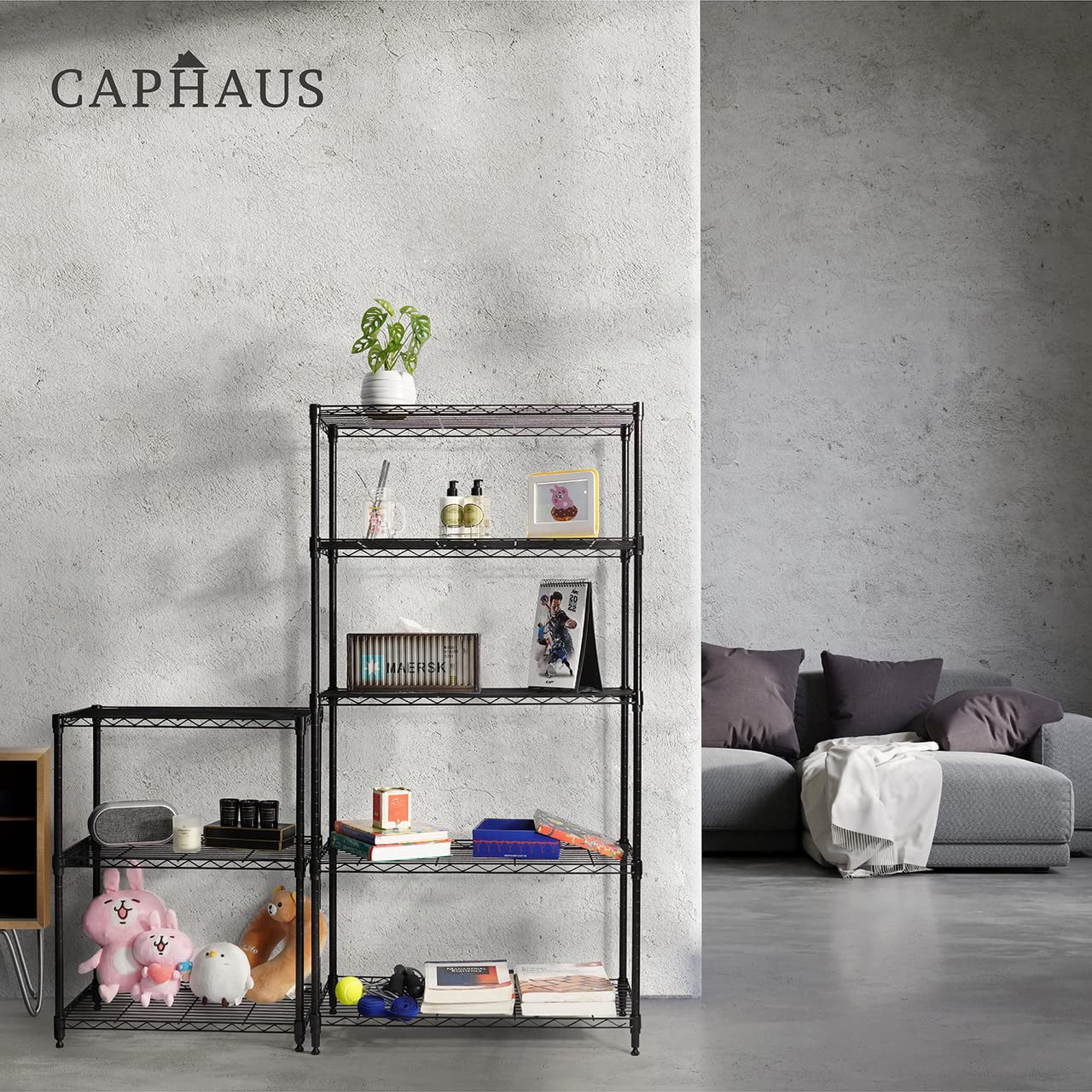 CAPHAUS 4-Tier Adjustable Height Wire Shelving Unit - Heavy Duty Metal Steel Storage Rack for Garage, Kitchen, Pantry & Closet Organization - Black Utility Shelf Without Wheels